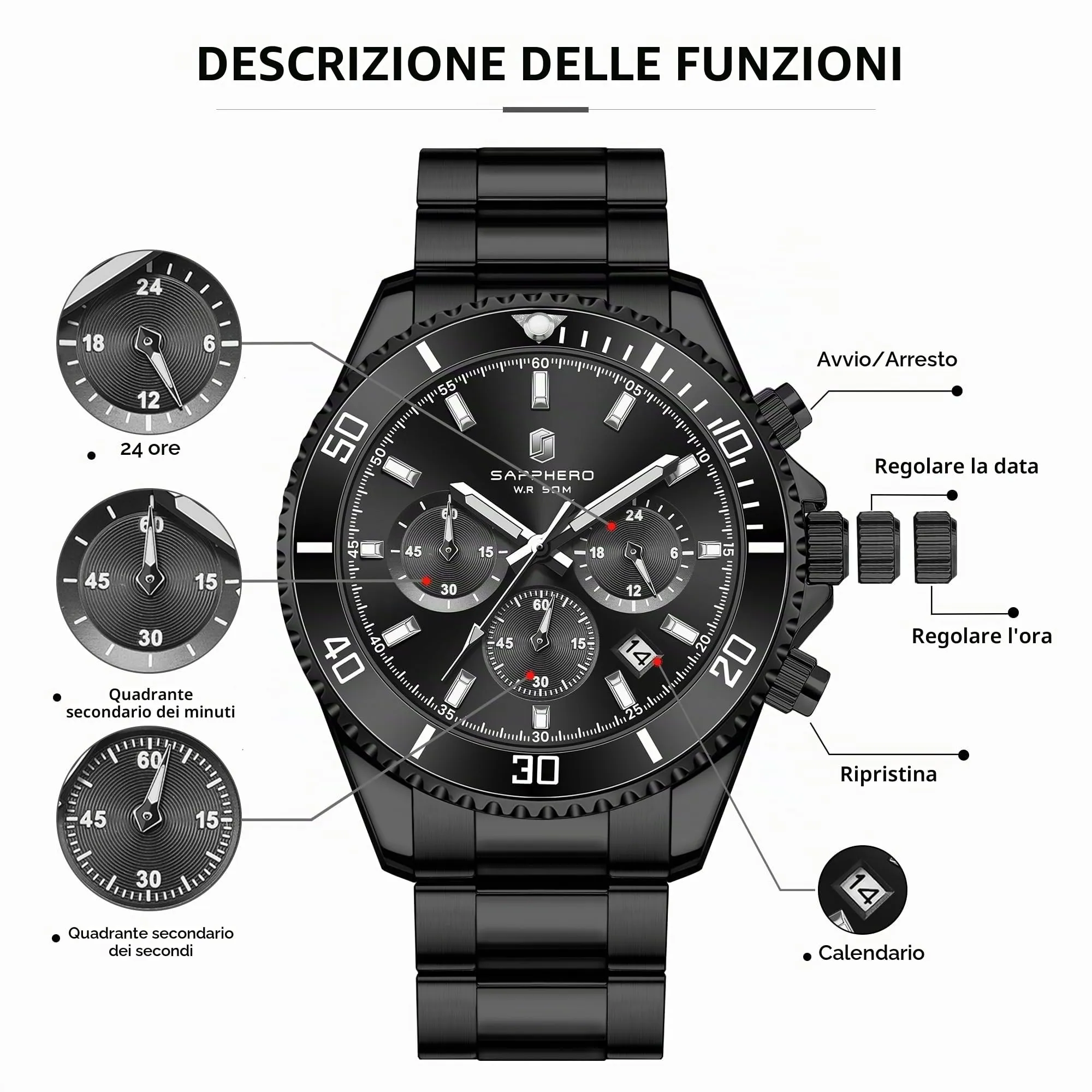 SAPPHERO Orologio Analogico al Quarzo Cronografo Uomo, Impermeabile 50M, Cinturino in Acciaio, SO2210-5 - immagine 7