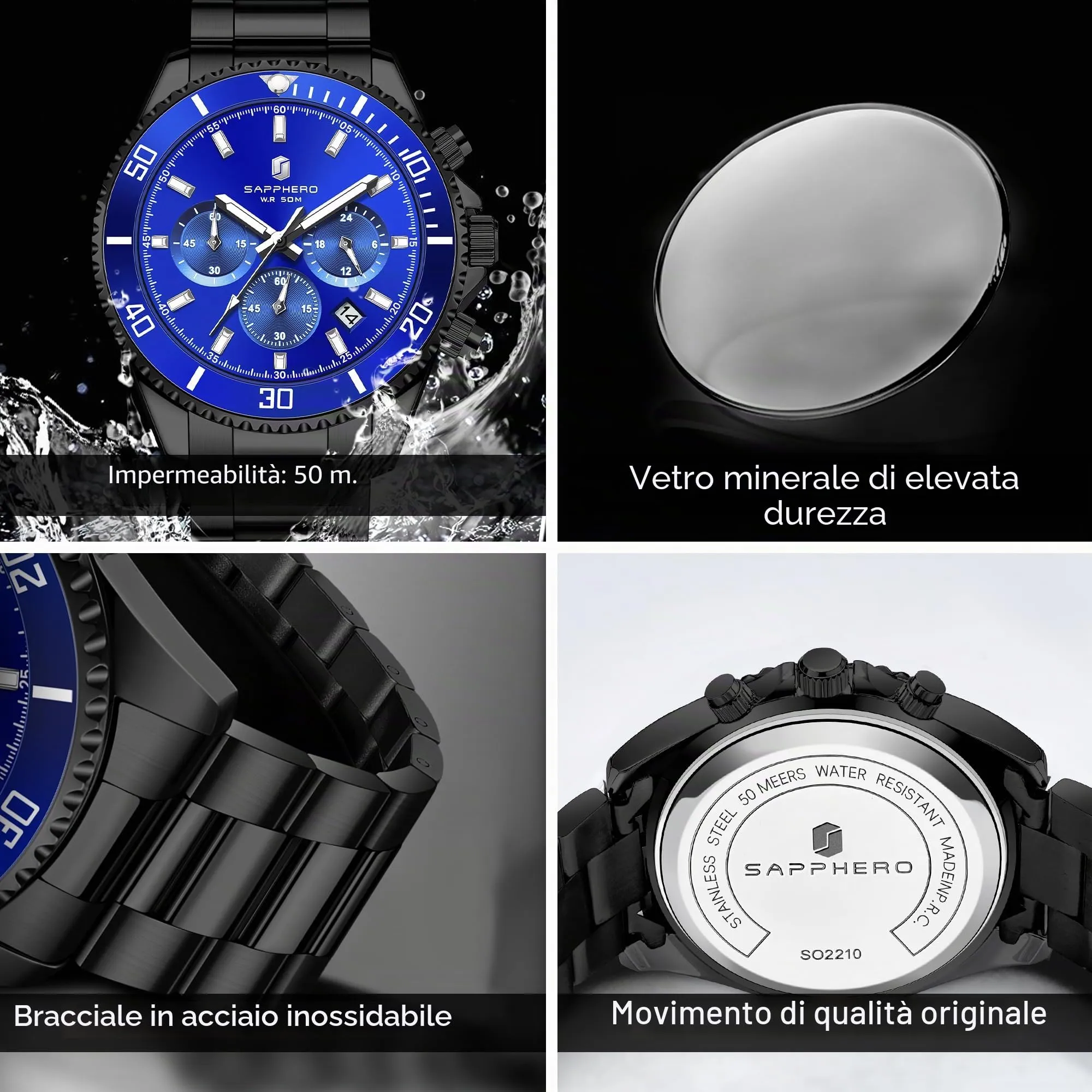 SAPPHERO Orologio Analogico al Quarzo Cronografo Uomo SO2210-4 in Acciaio 50M Impermeabile - immagine 4