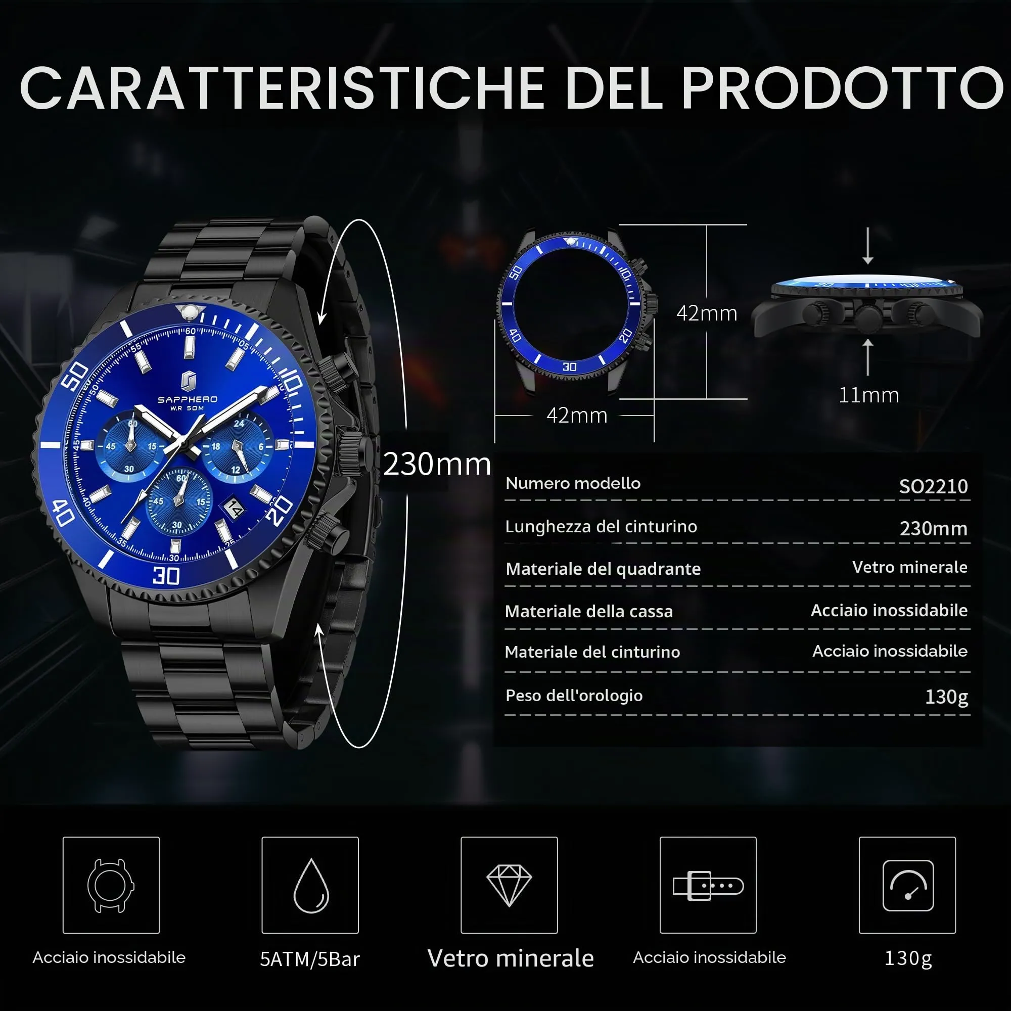 SAPPHERO Orologio Analogico al Quarzo Cronografo Uomo SO2210-4 in Acciaio 50M Impermeabile - immagine 5