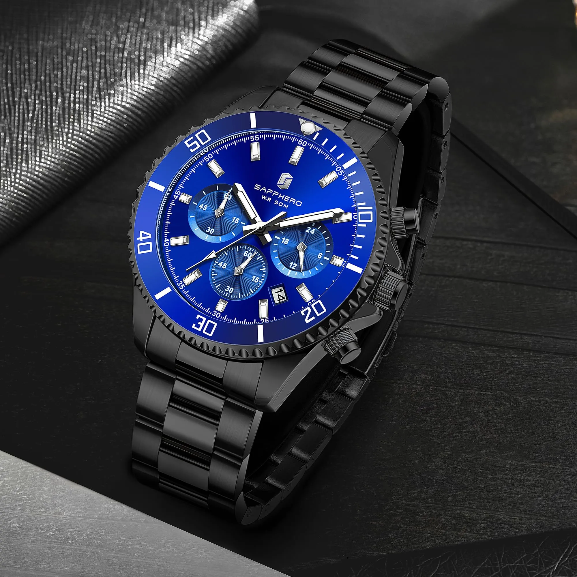 SAPPHERO Orologio Analogico al Quarzo Cronografo Uomo SO2210-4 in Acciaio 50M Impermeabile - immagine 6