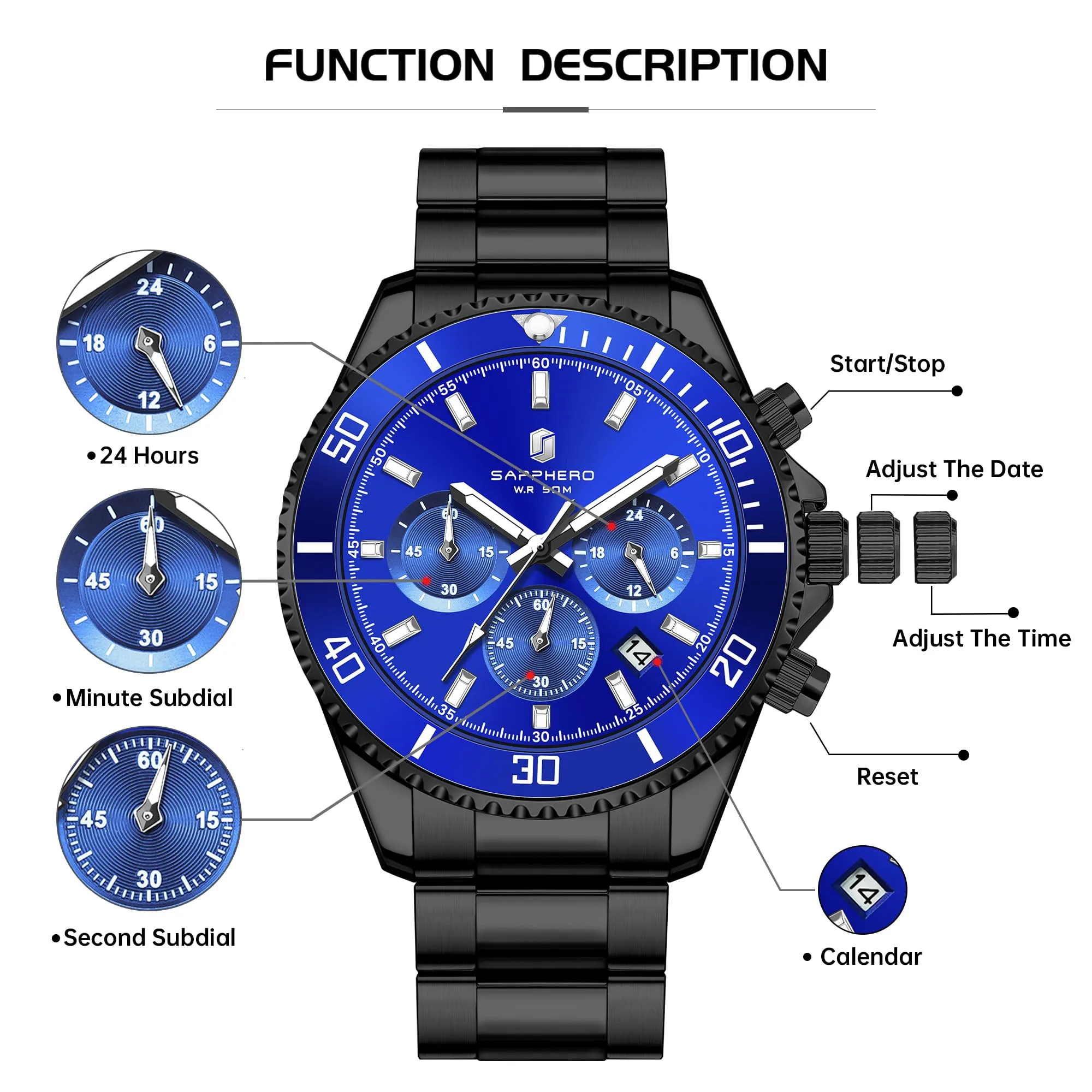 SAPPHERO Orologio Analogico al Quarzo Cronografo Uomo SO2210-4 in Acciaio 50M Impermeabile - immagine 7
