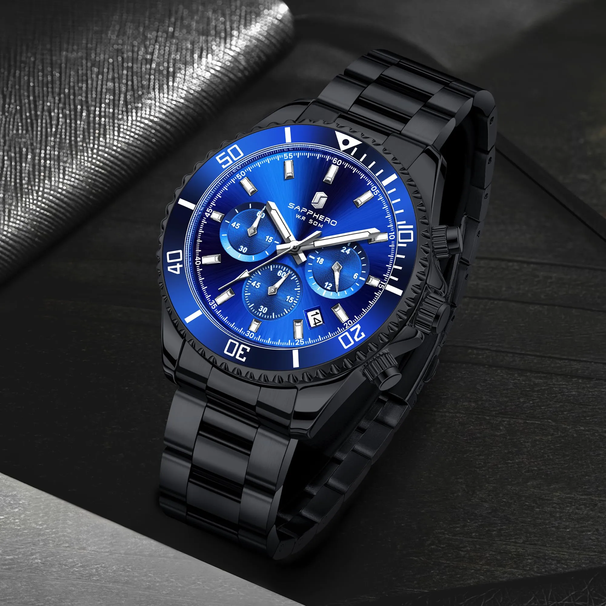 SAPPHERO Orologio Analogico al Quarzo Cronografo Uomo SO2210-4 in Acciaio 50M Impermeabile - immagine 8