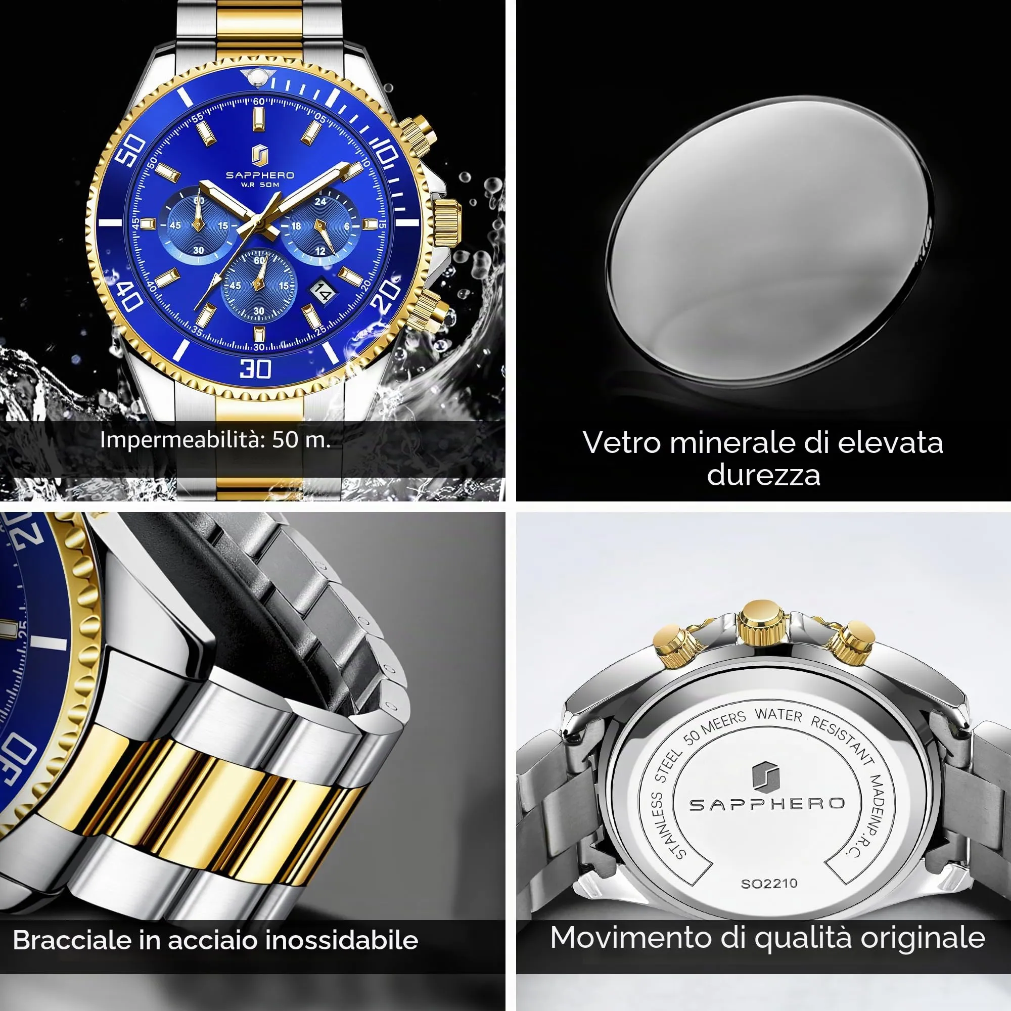 SAPPHERO Orologio Analogico al Quarzo Cronografo Uomo, 50M Impermeabile, Cinturino in Acciaio, SO2210-1 - immagine 4