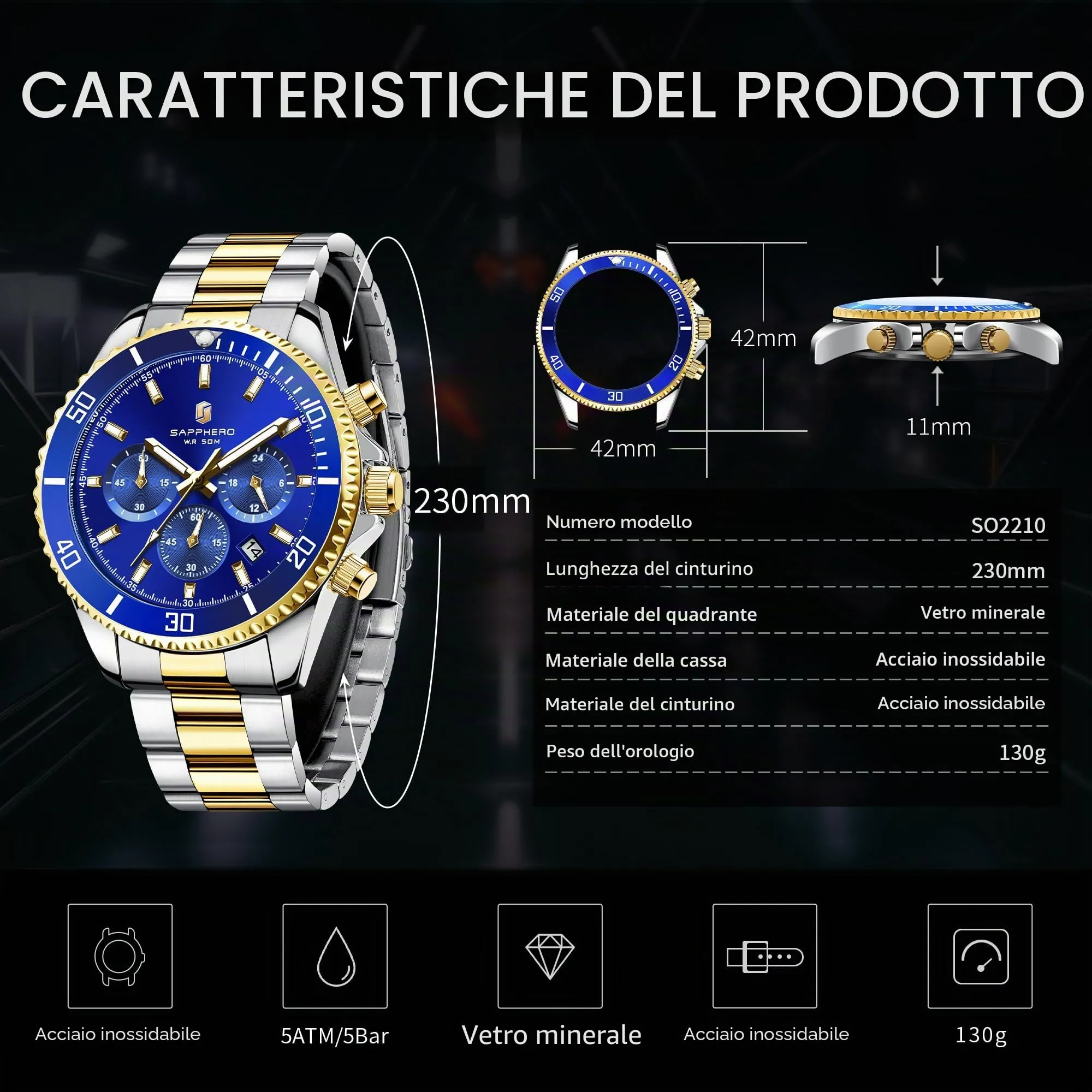 SAPPHERO Orologio Analogico al Quarzo Cronografo Uomo, 50M Impermeabile, Cinturino in Acciaio, SO2210-1 - immagine 5