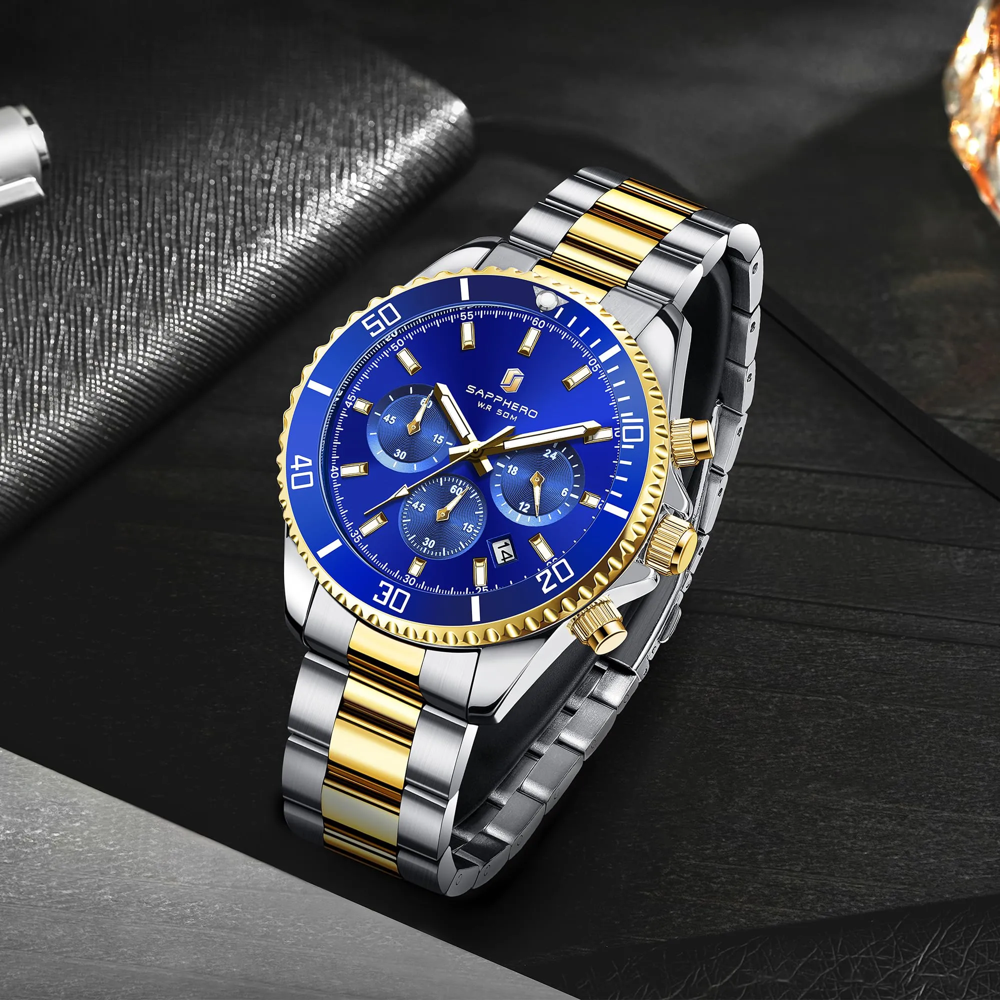 SAPPHERO Orologio Analogico al Quarzo Cronografo Uomo, 50M Impermeabile, Cinturino in Acciaio, SO2210-1 - immagine 6
