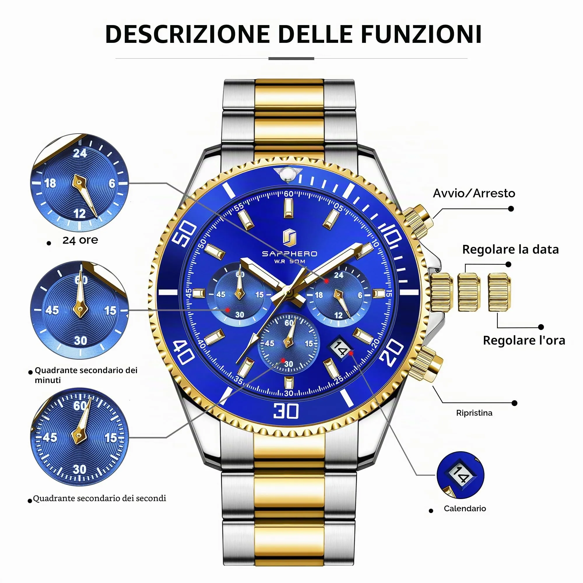 SAPPHERO Orologio Analogico al Quarzo Cronografo Uomo, 50M Impermeabile, Cinturino in Acciaio, SO2210-1 - immagine 7