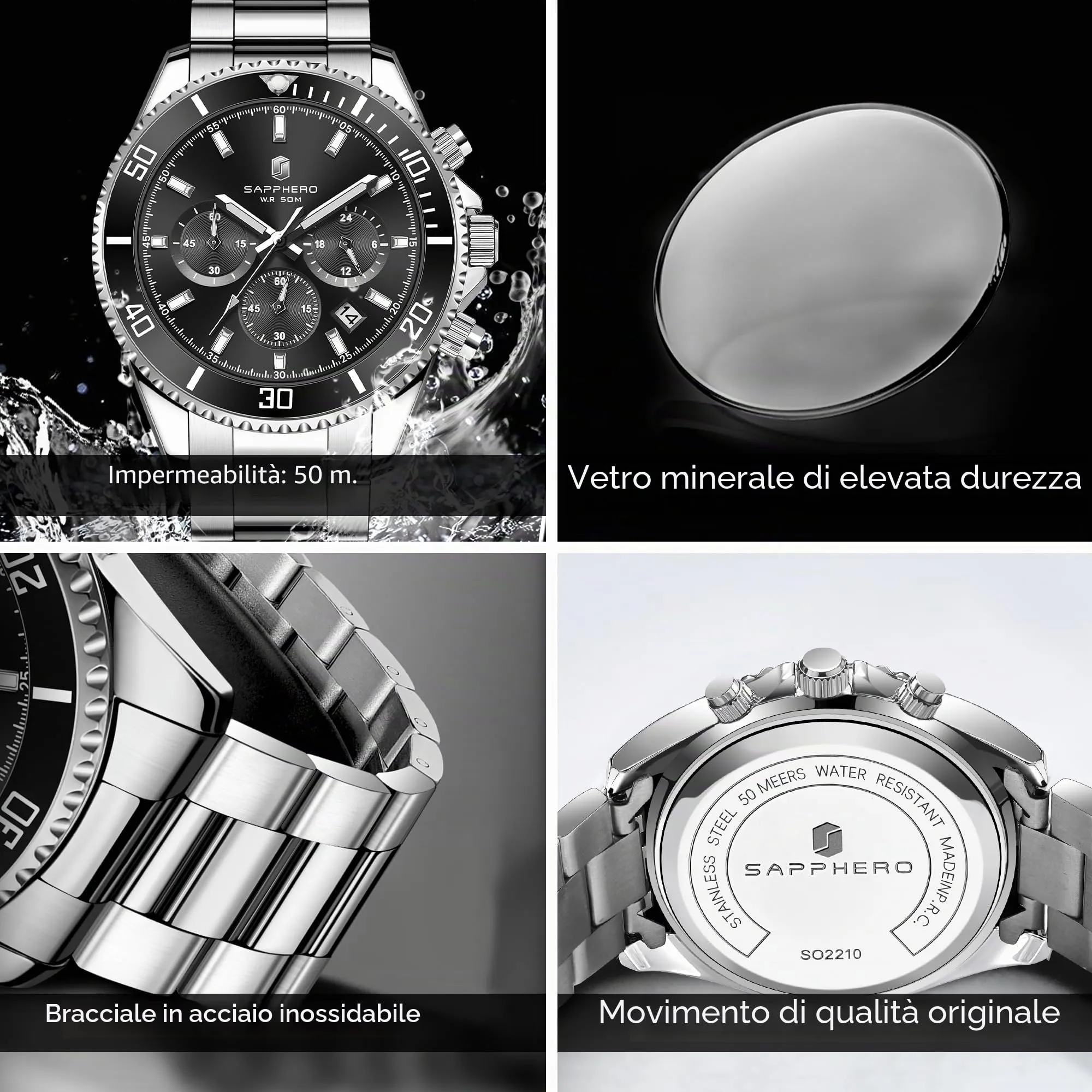 SAPPHERO Orologio Analogico al Quarzo Cronografo SO2210-3 Impermeabile 50M con Cinturino in Acciaio da Uomo - immagine 4