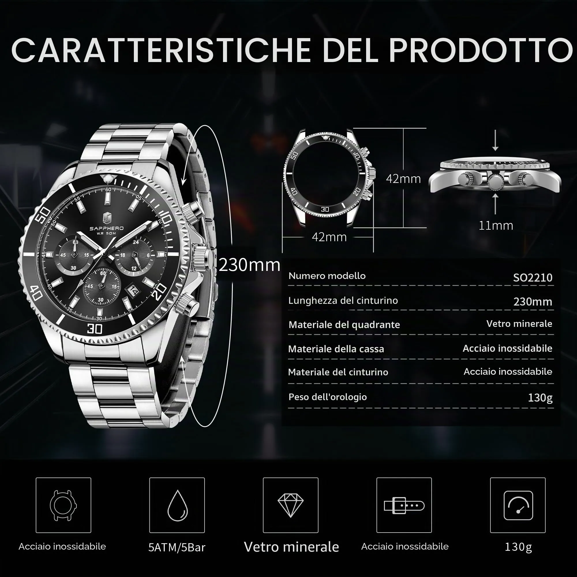 SAPPHERO Orologio Analogico al Quarzo Cronografo SO2210-3 Impermeabile 50M con Cinturino in Acciaio da Uomo - immagine 5