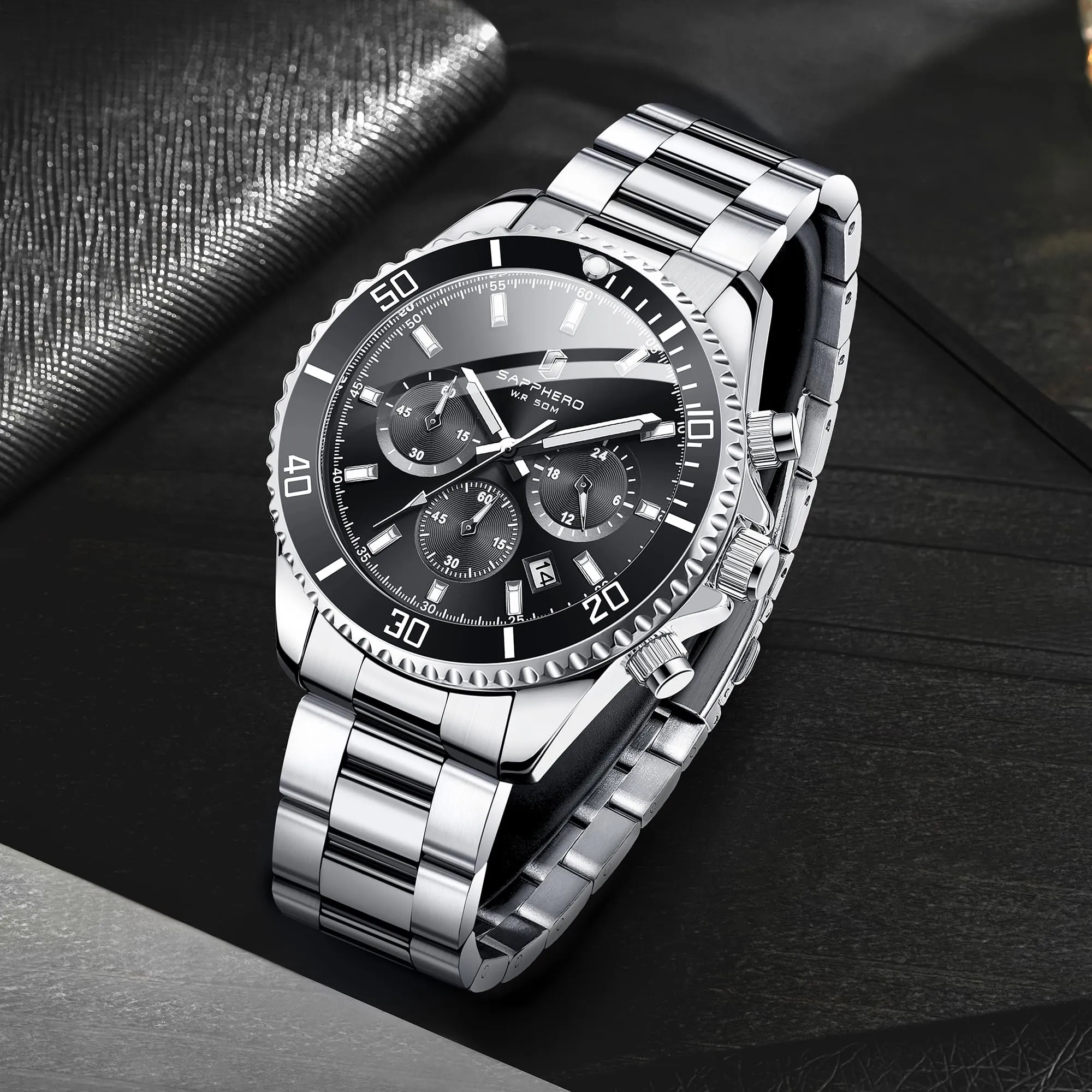 SAPPHERO Orologio Analogico al Quarzo Cronografo SO2210-3 Impermeabile 50M con Cinturino in Acciaio da Uomo - immagine 6