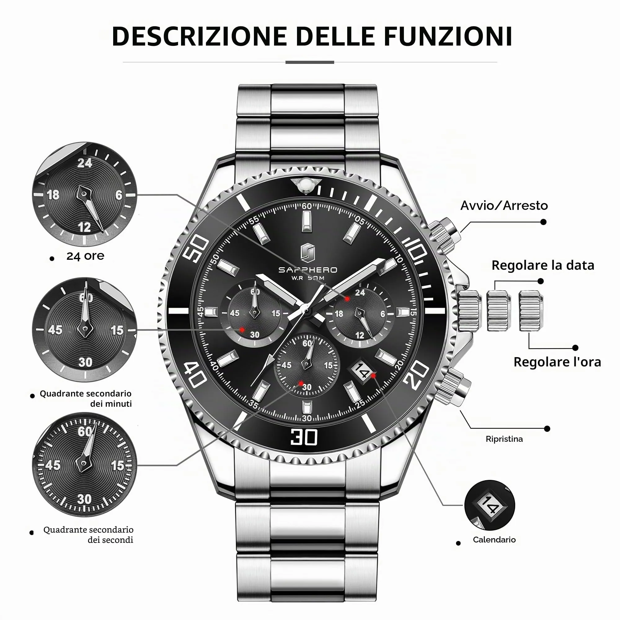SAPPHERO Orologio Analogico al Quarzo Cronografo SO2210-3 Impermeabile 50M con Cinturino in Acciaio da Uomo - immagine 7