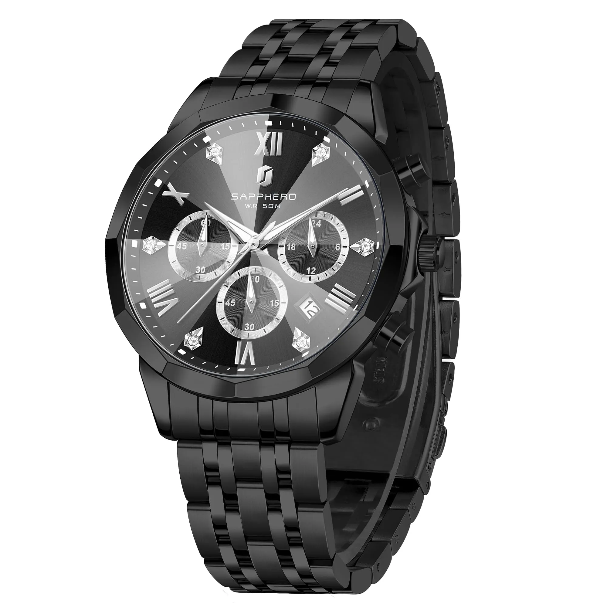 SAPPHERO Orologio Uomo Cronografo in Acciaio Inossidabile Analogico al Quarzo con Diamanti e Data - immagine 1