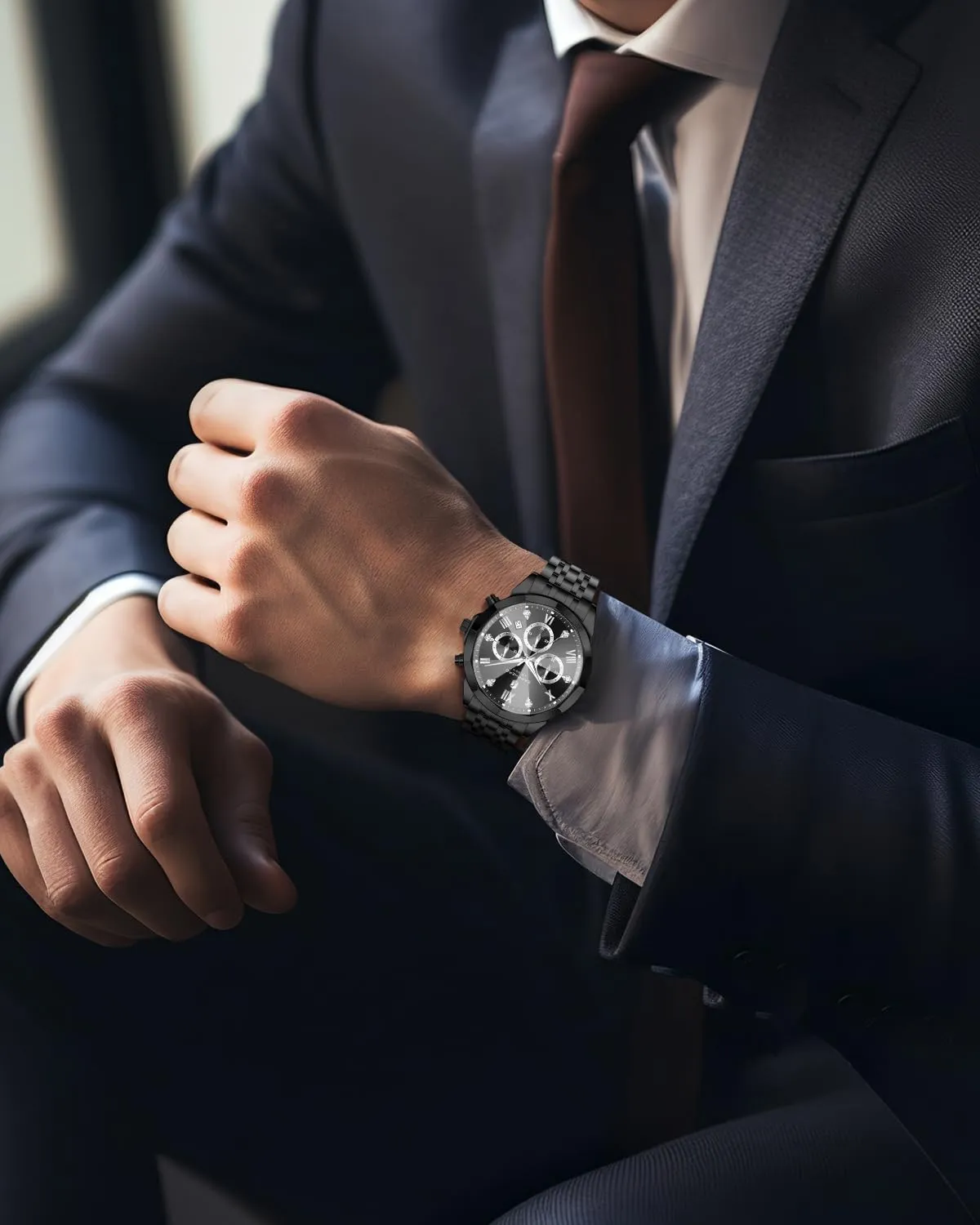 SAPPHERO Orologio Uomo Cronografo in Acciaio Inossidabile Analogico al Quarzo con Diamanti e Data - immagine 3