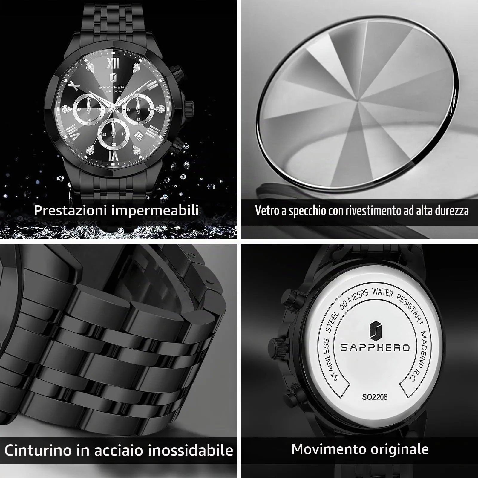 SAPPHERO Orologio Uomo Cronografo in Acciaio Inossidabile Analogico al Quarzo con Diamanti e Data - immagine 4