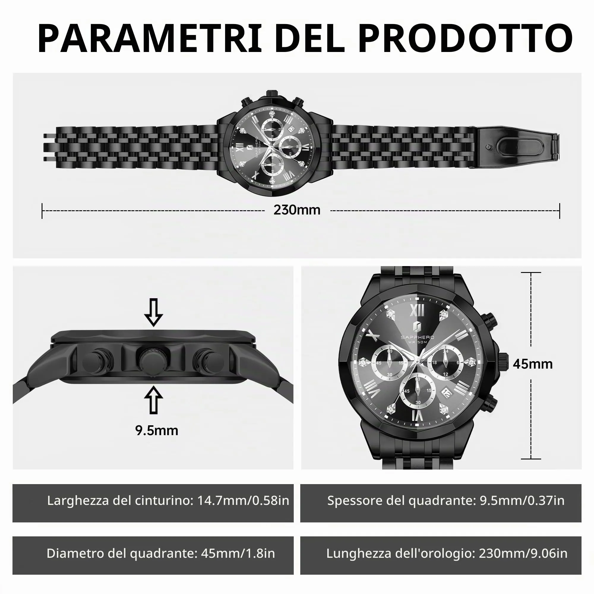 SAPPHERO Orologio Uomo Cronografo in Acciaio Inossidabile Analogico al Quarzo con Diamanti e Data - immagine 5
