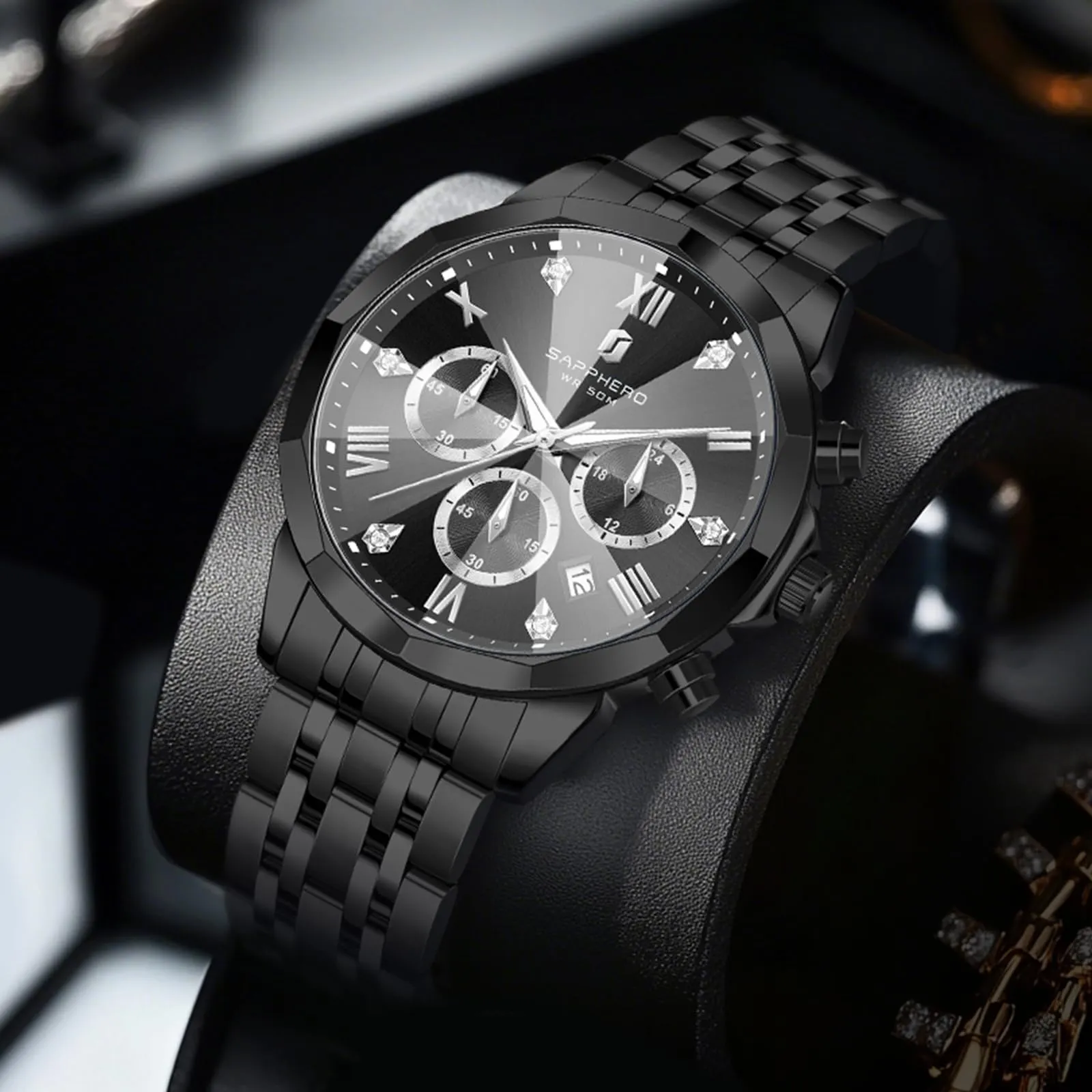 SAPPHERO Orologio Uomo Cronografo in Acciaio Inossidabile Analogico al Quarzo con Diamanti e Data - immagine 6