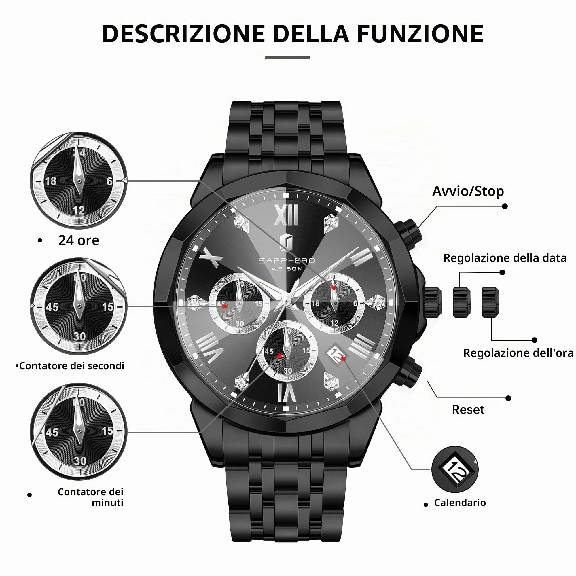 SAPPHERO Orologio Uomo Cronografo in Acciaio Inossidabile Analogico al Quarzo con Diamanti e Data - immagine 7