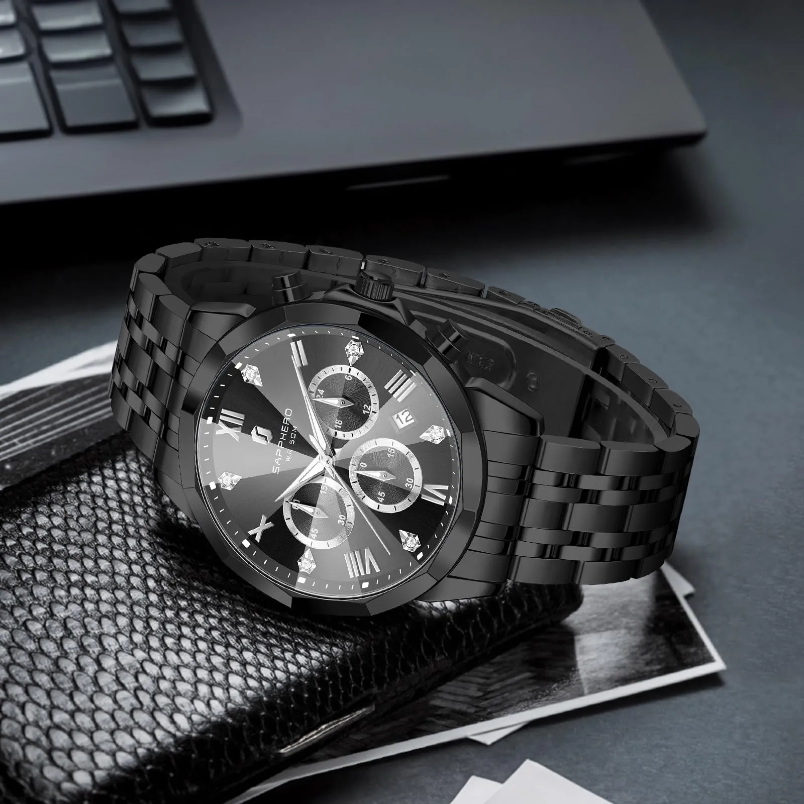 SAPPHERO Orologio Uomo Cronografo in Acciaio Inossidabile Analogico al Quarzo con Diamanti e Data - immagine 8