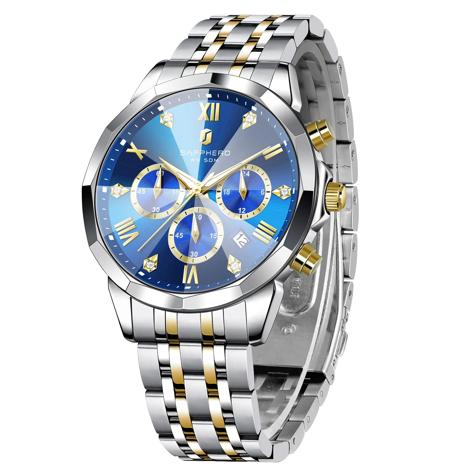 SAPPHERO Orologio Uomo Cronografo in Acciaio Inossidabile Analogico al Quarzo con Diamanti, Data e Funzione Luminosa, Impermeabile 50M - immagine 1