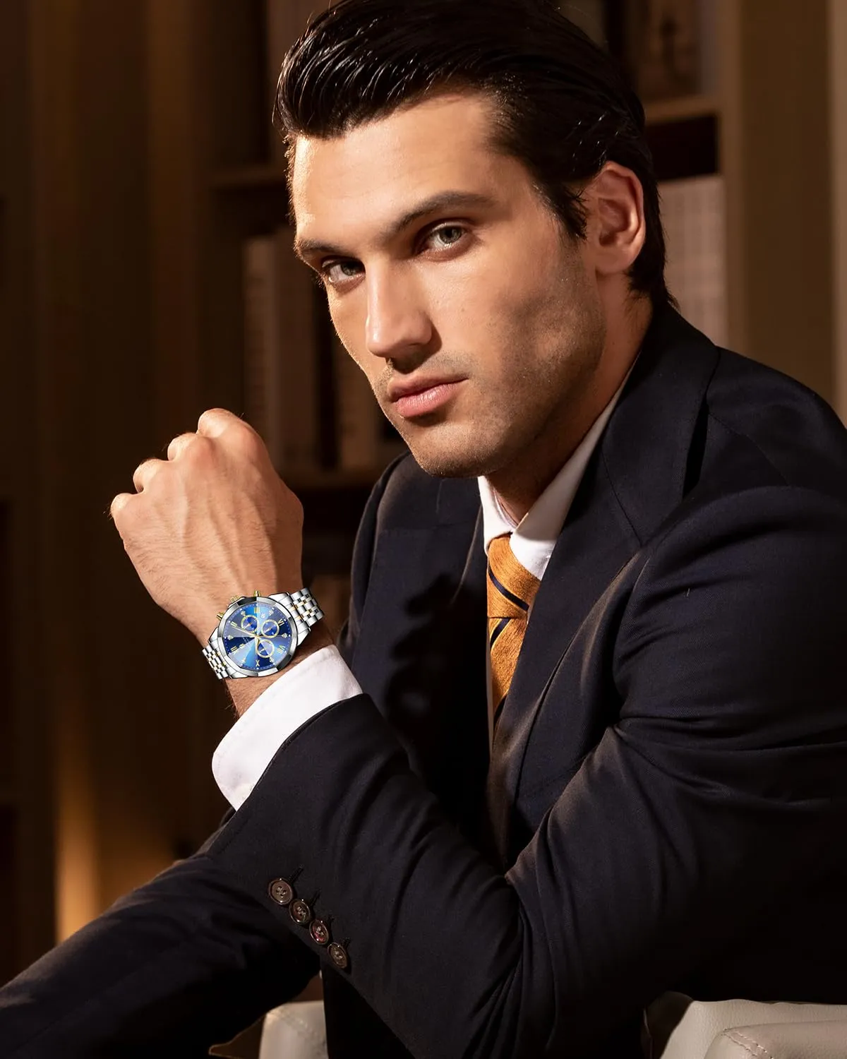 SAPPHERO Orologio Uomo Cronografo in Acciaio Inossidabile Analogico al Quarzo con Diamanti, Data e Funzione Luminosa, Impermeabile 50M - immagine 2