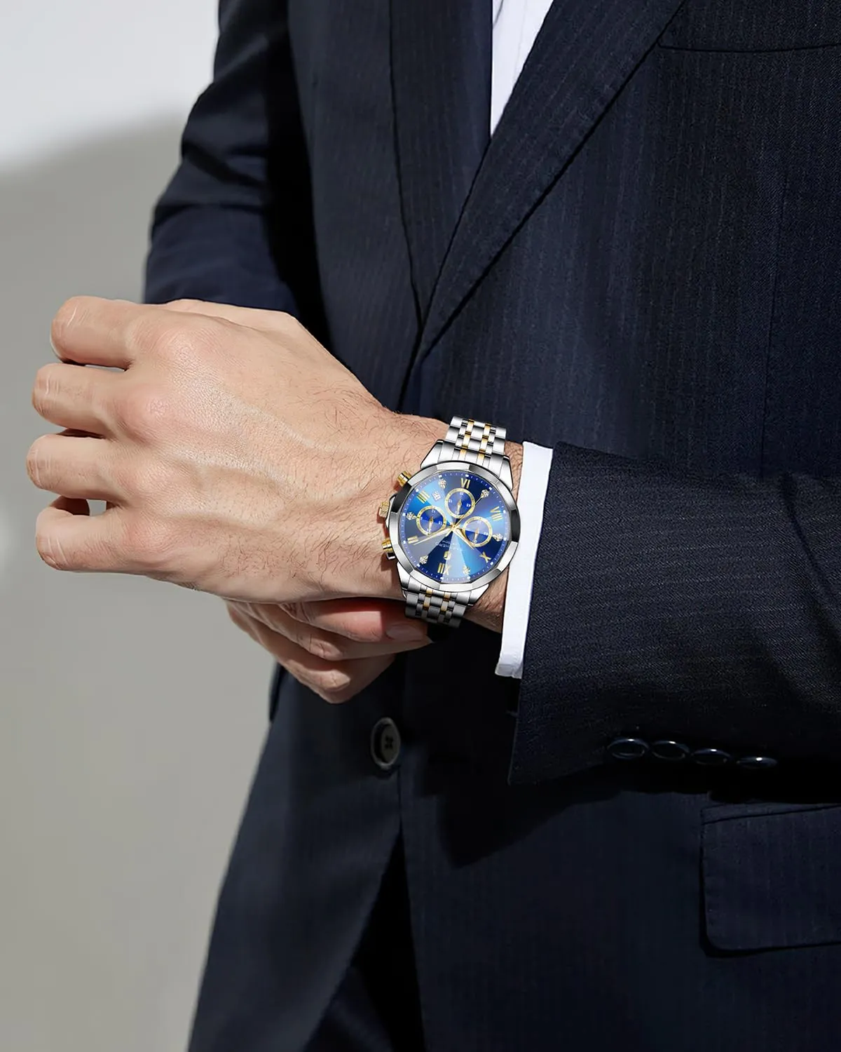 SAPPHERO Orologio Uomo Cronografo in Acciaio Inossidabile Analogico al Quarzo con Diamanti, Data e Funzione Luminosa, Impermeabile 50M - immagine 3