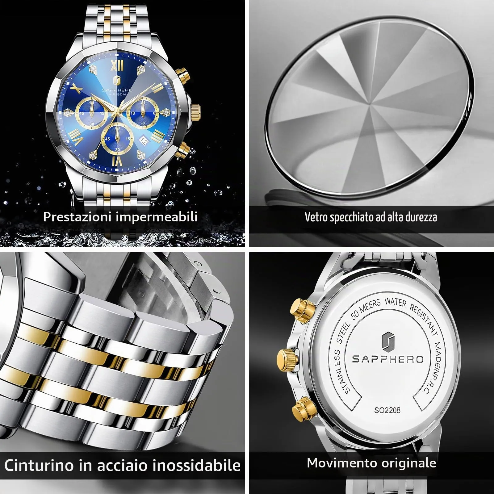 SAPPHERO Orologio Uomo Cronografo in Acciaio Inossidabile Analogico al Quarzo con Diamanti, Data e Funzione Luminosa, Impermeabile 50M - immagine 4