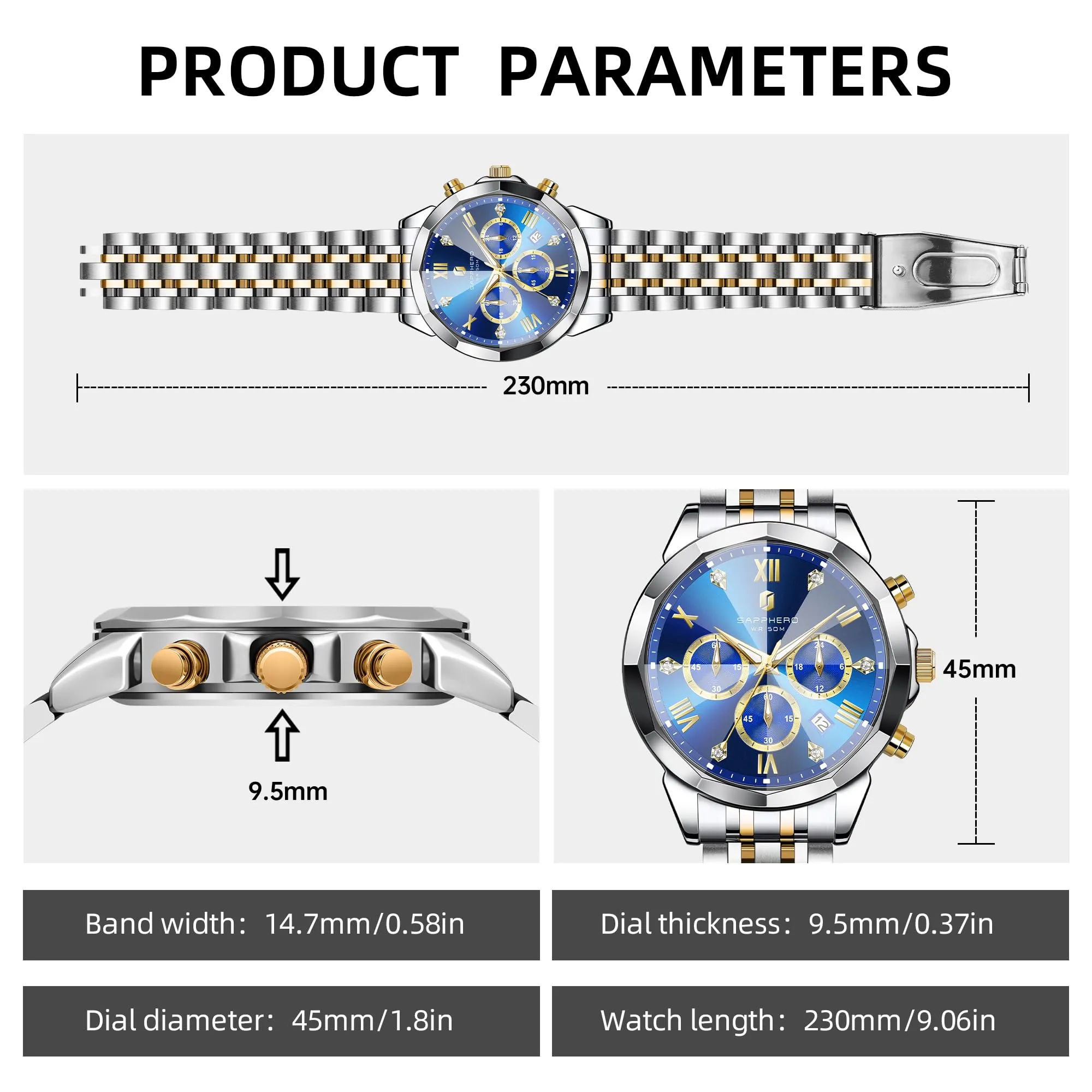SAPPHERO Orologio Uomo Cronografo in Acciaio Inossidabile Analogico al Quarzo con Diamanti, Data e Funzione Luminosa, Impermeabile 50M - immagine 5