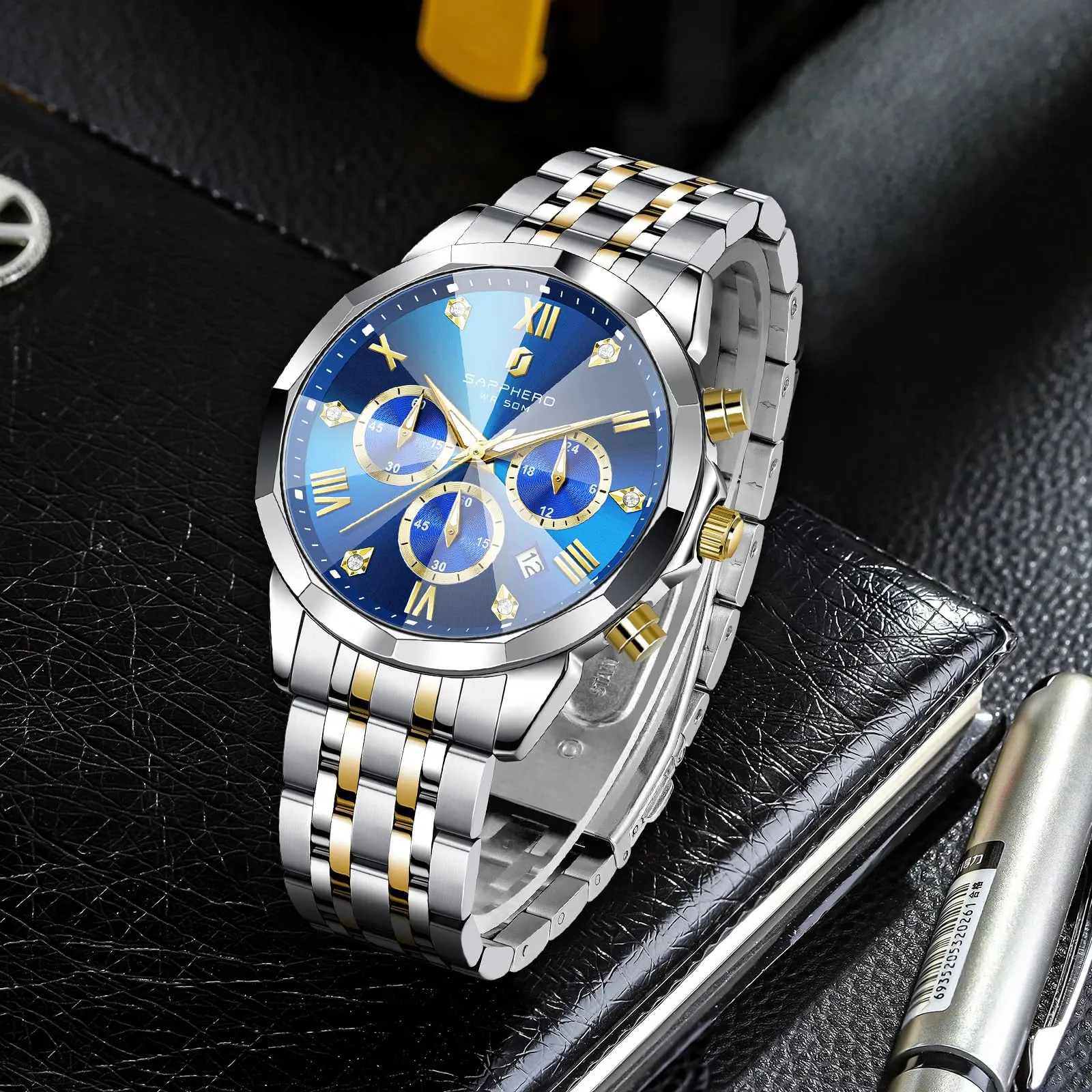 SAPPHERO Orologio Uomo Cronografo in Acciaio Inossidabile Analogico al Quarzo con Diamanti, Data e Funzione Luminosa, Impermeabile 50M - immagine 6