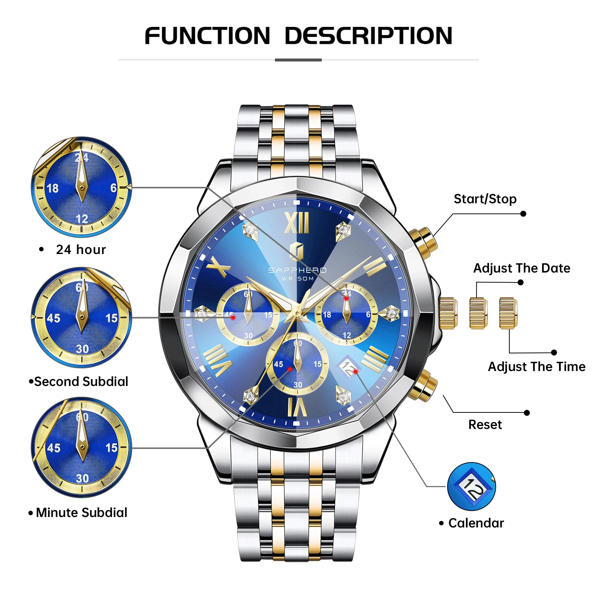 SAPPHERO Orologio Uomo Cronografo in Acciaio Inossidabile Analogico al Quarzo con Diamanti, Data e Funzione Luminosa, Impermeabile 50M - immagine 7