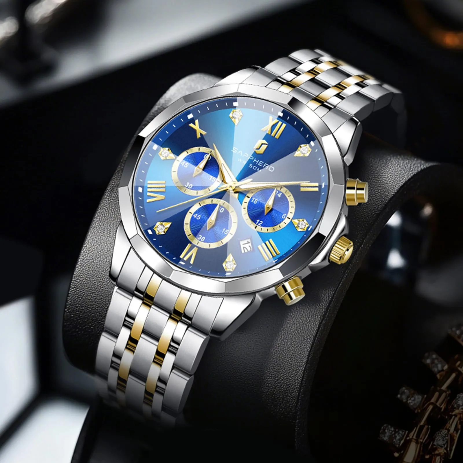 SAPPHERO Orologio Uomo Cronografo in Acciaio Inossidabile Analogico al Quarzo con Diamanti, Data e Funzione Luminosa, Impermeabile 50M - immagine 8
