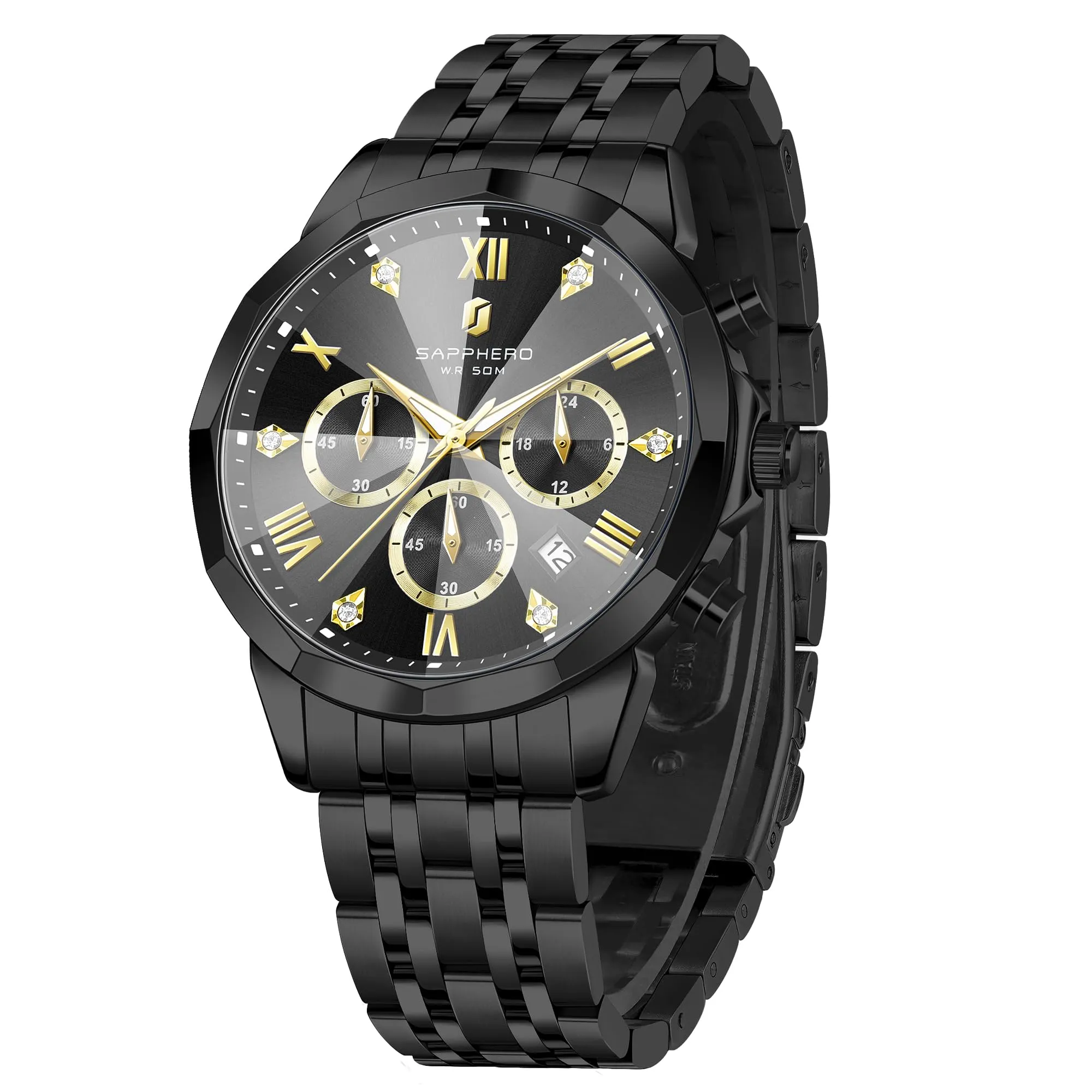 SAPPHERO Orologio Uomo Cronografo in Acciaio Inossidabile Analogico al Quarzo con Diamanti, Data e Funzione Luminosa - immagine 1