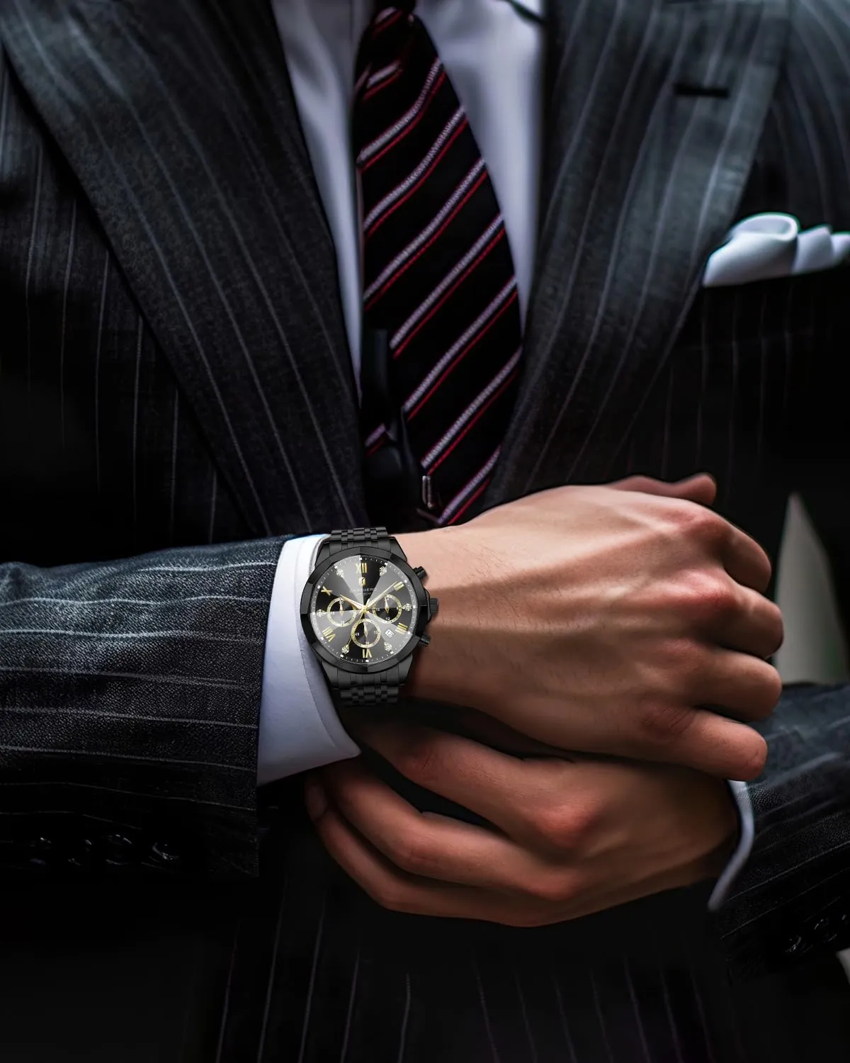 SAPPHERO Orologio Uomo Cronografo in Acciaio Inossidabile Analogico al Quarzo con Diamanti, Data e Funzione Luminosa - immagine 3