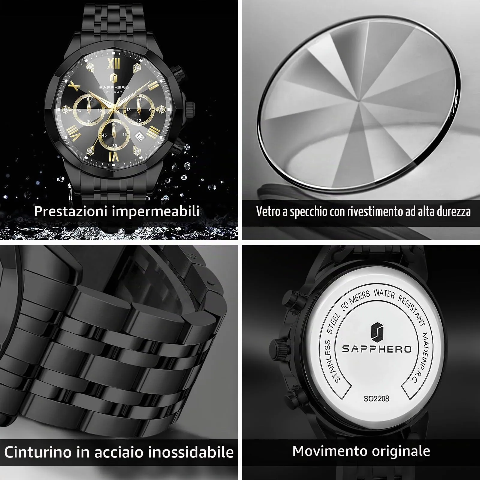 SAPPHERO Orologio Uomo Cronografo in Acciaio Inossidabile Analogico al Quarzo con Diamanti, Data e Funzione Luminosa - immagine 4