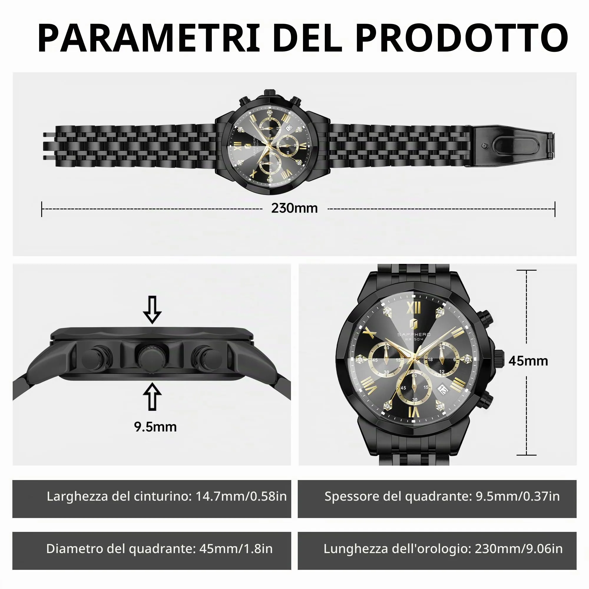 SAPPHERO Orologio Uomo Cronografo in Acciaio Inossidabile Analogico al Quarzo con Diamanti, Data e Funzione Luminosa - immagine 5