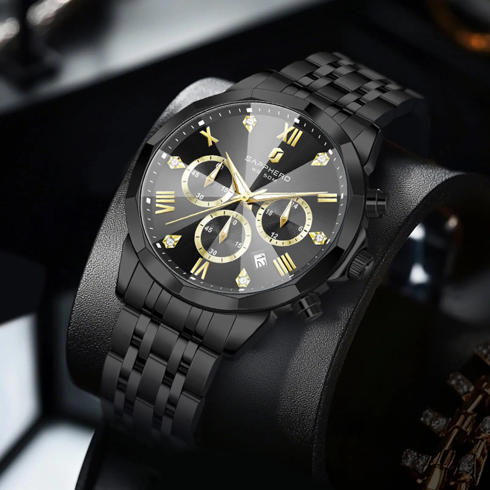 SAPPHERO Orologio Uomo Cronografo in Acciaio Inossidabile Analogico al Quarzo con Diamanti, Data e Funzione Luminosa - immagine 6