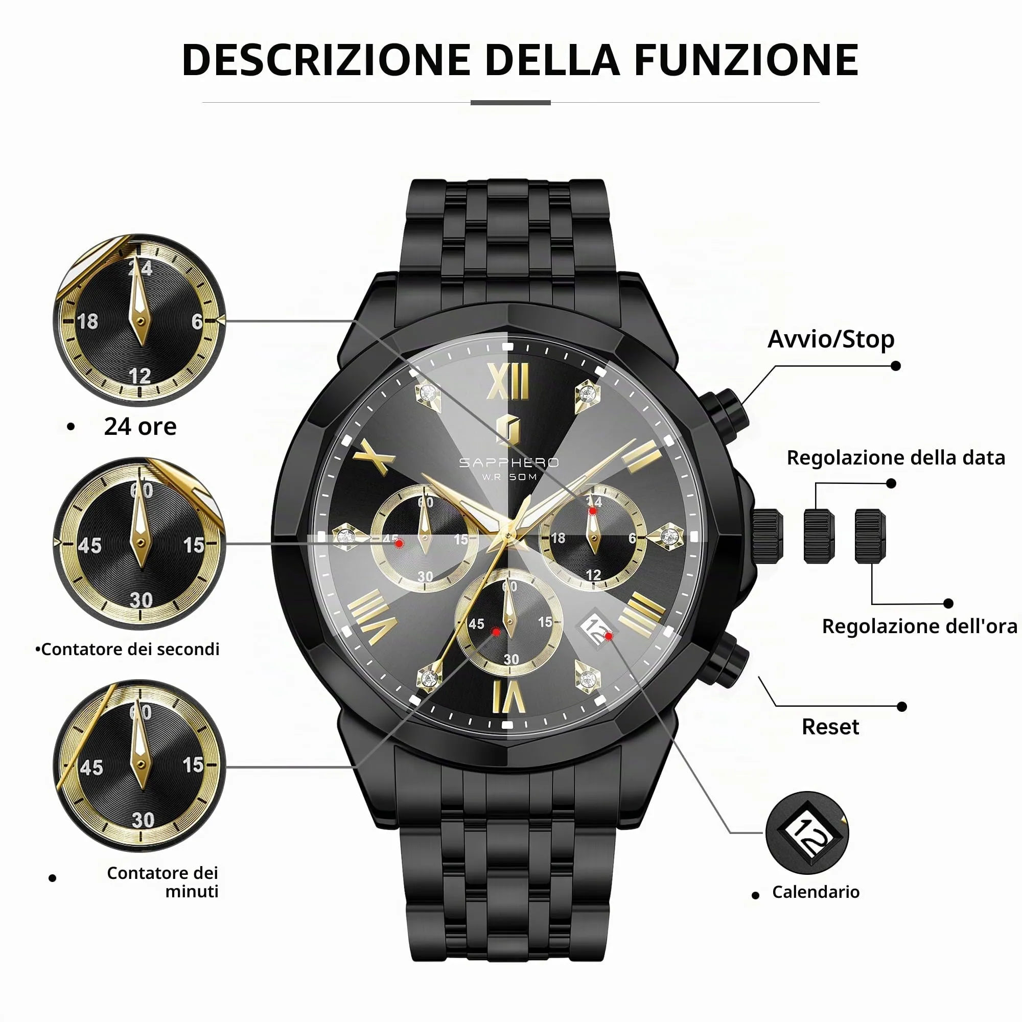 SAPPHERO Orologio Uomo Cronografo in Acciaio Inossidabile Analogico al Quarzo con Diamanti, Data e Funzione Luminosa - immagine 7