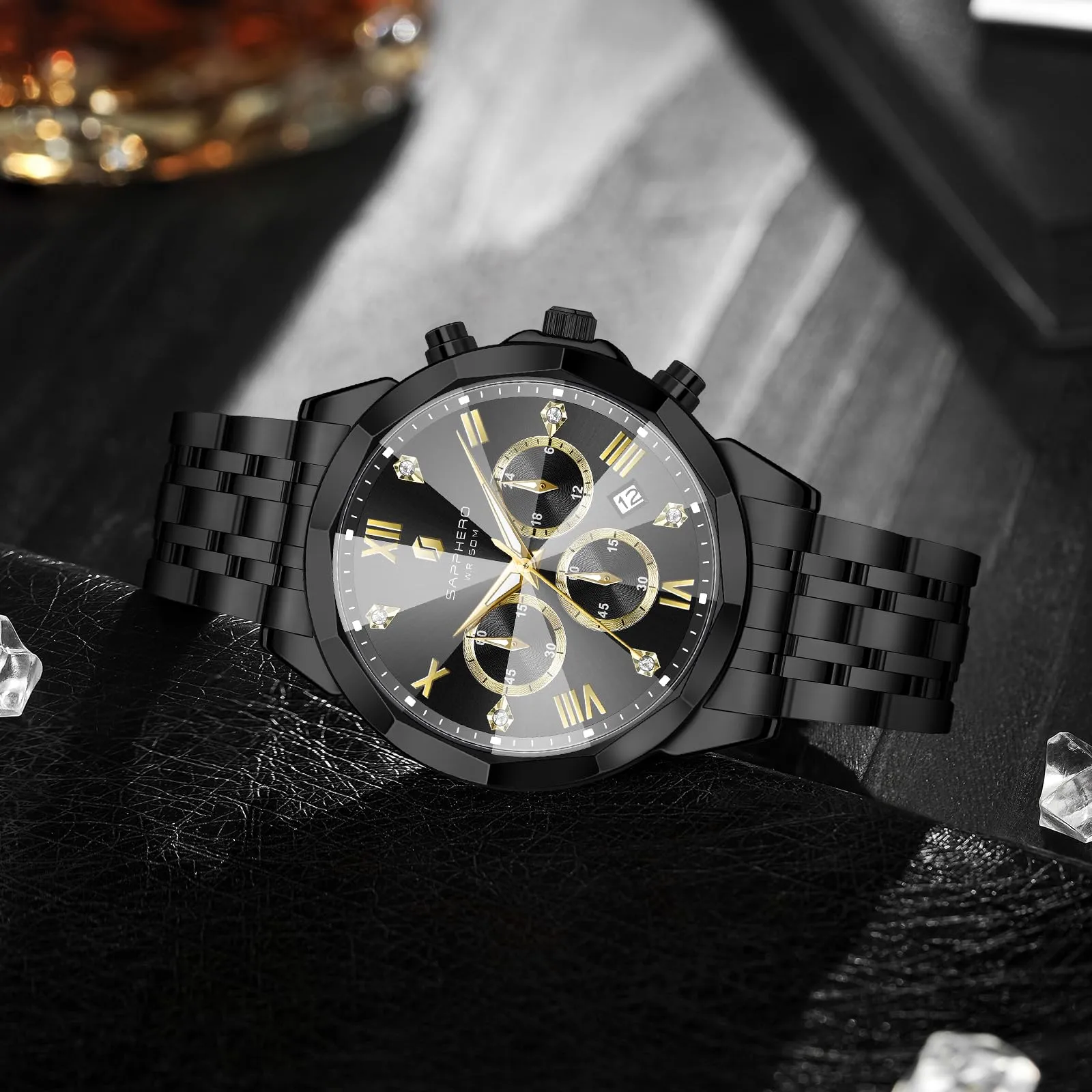 SAPPHERO Orologio Uomo Cronografo in Acciaio Inossidabile Analogico al Quarzo con Diamanti, Data e Funzione Luminosa - immagine 8