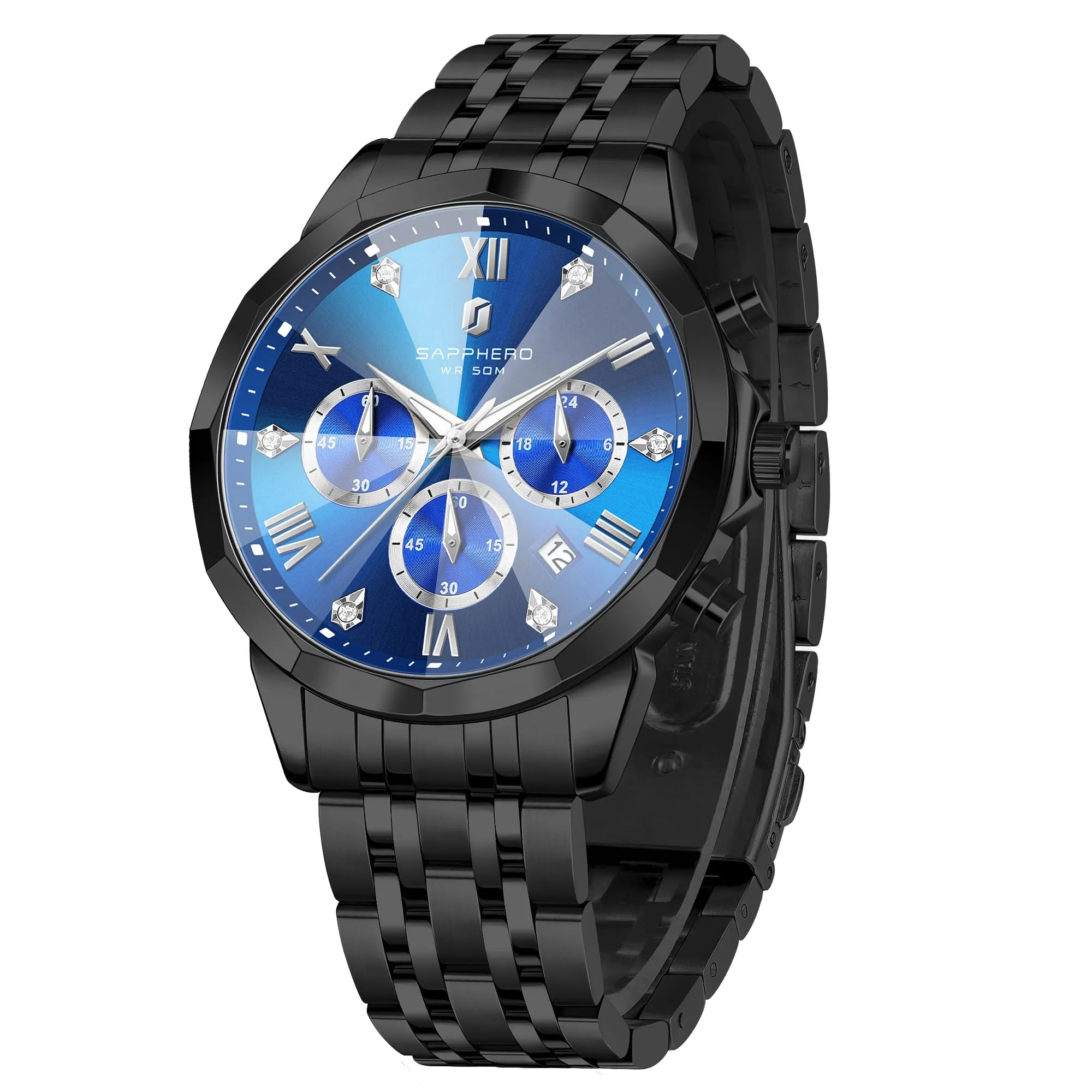 SAPPHERO Orologio Uomo Cronografo in Acciaio Inossidabile Analogico al Quarzo con Diamanti e Data - immagine 1