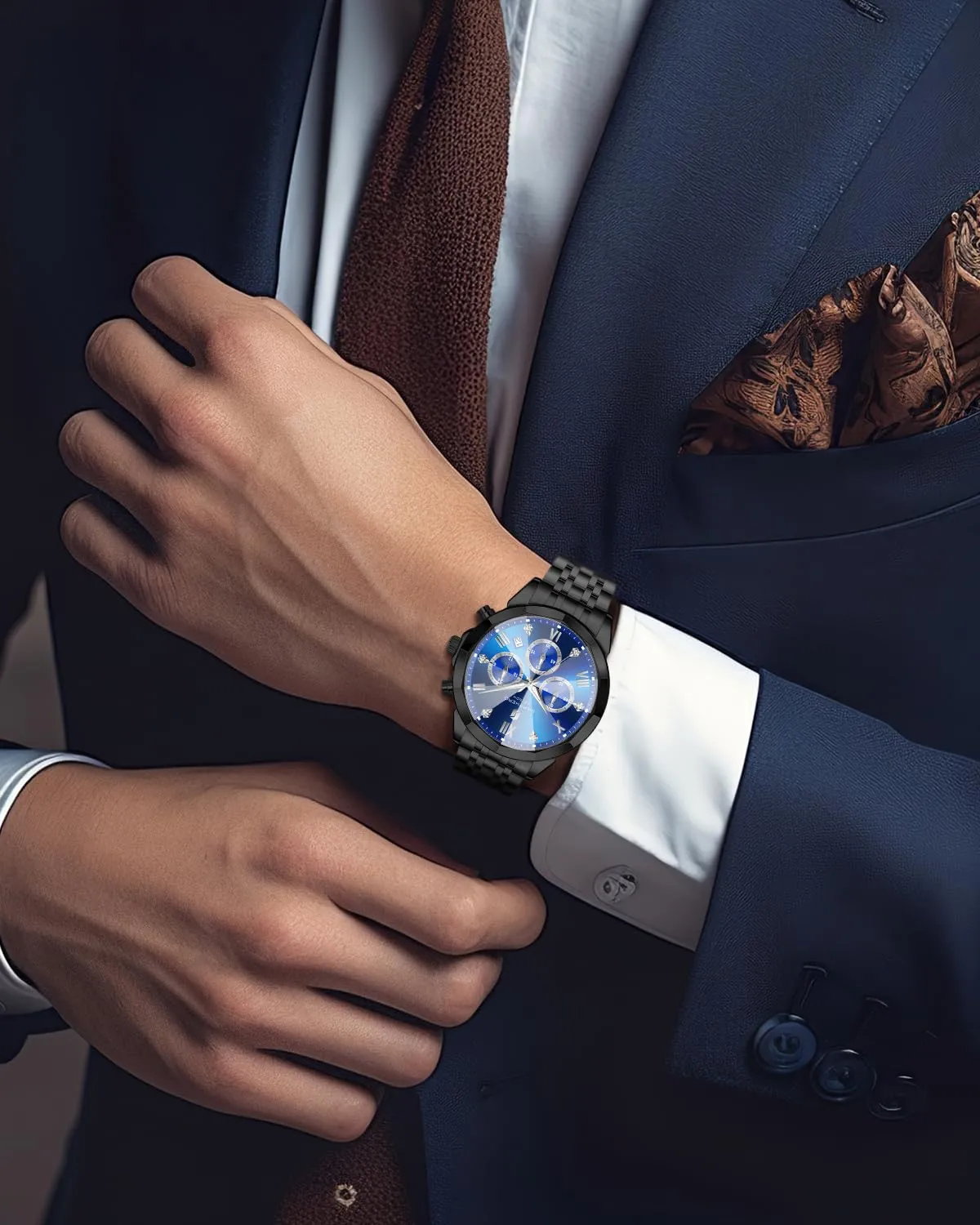 SAPPHERO Orologio Uomo Cronografo in Acciaio Inossidabile Analogico al Quarzo con Diamanti e Data - immagine 3