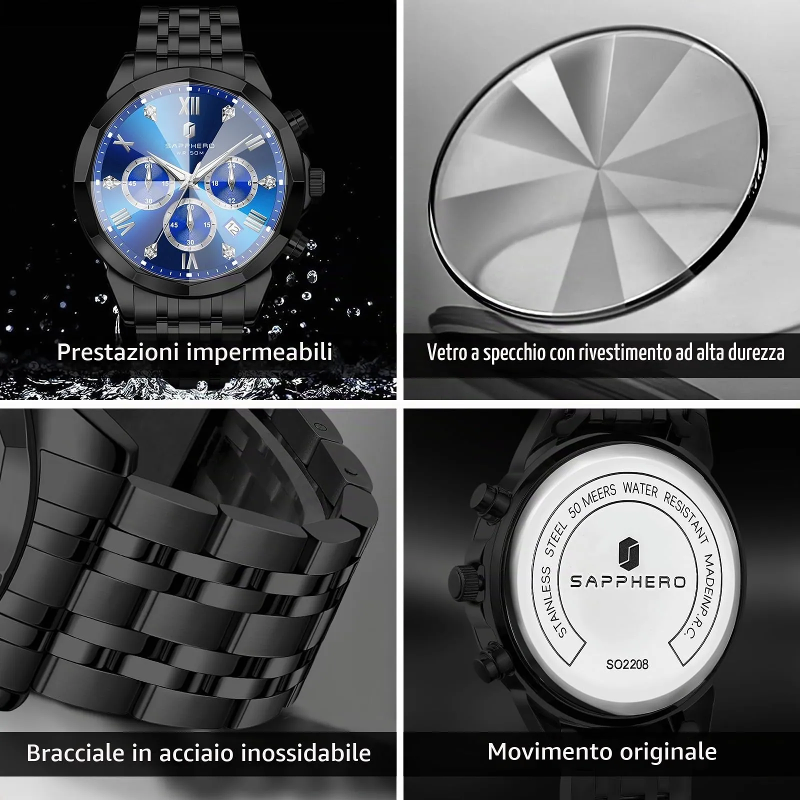 SAPPHERO Orologio Uomo Cronografo in Acciaio Inossidabile Analogico al Quarzo con Diamanti e Data - immagine 4