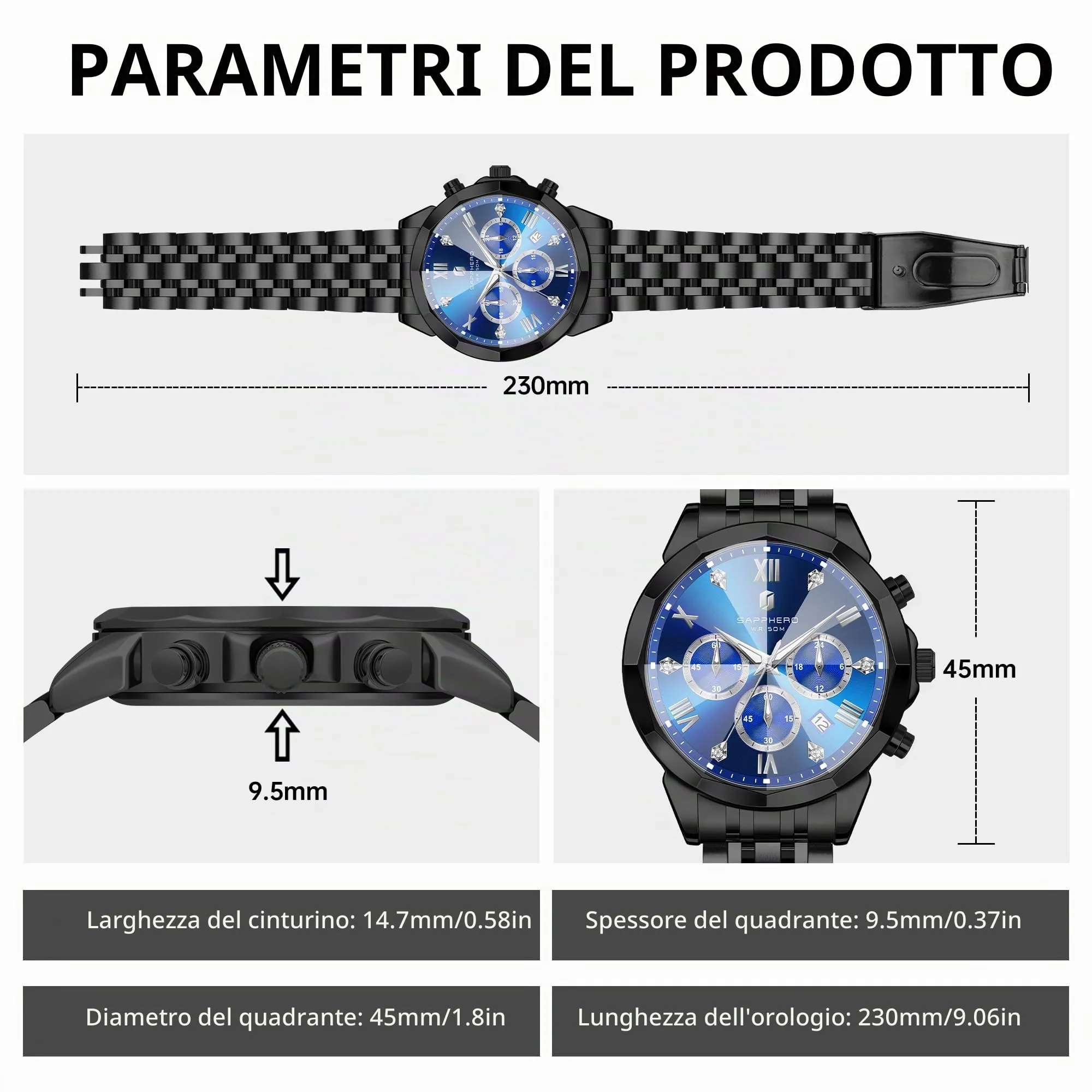 SAPPHERO Orologio Uomo Cronografo in Acciaio Inossidabile Analogico al Quarzo con Diamanti e Data - immagine 5