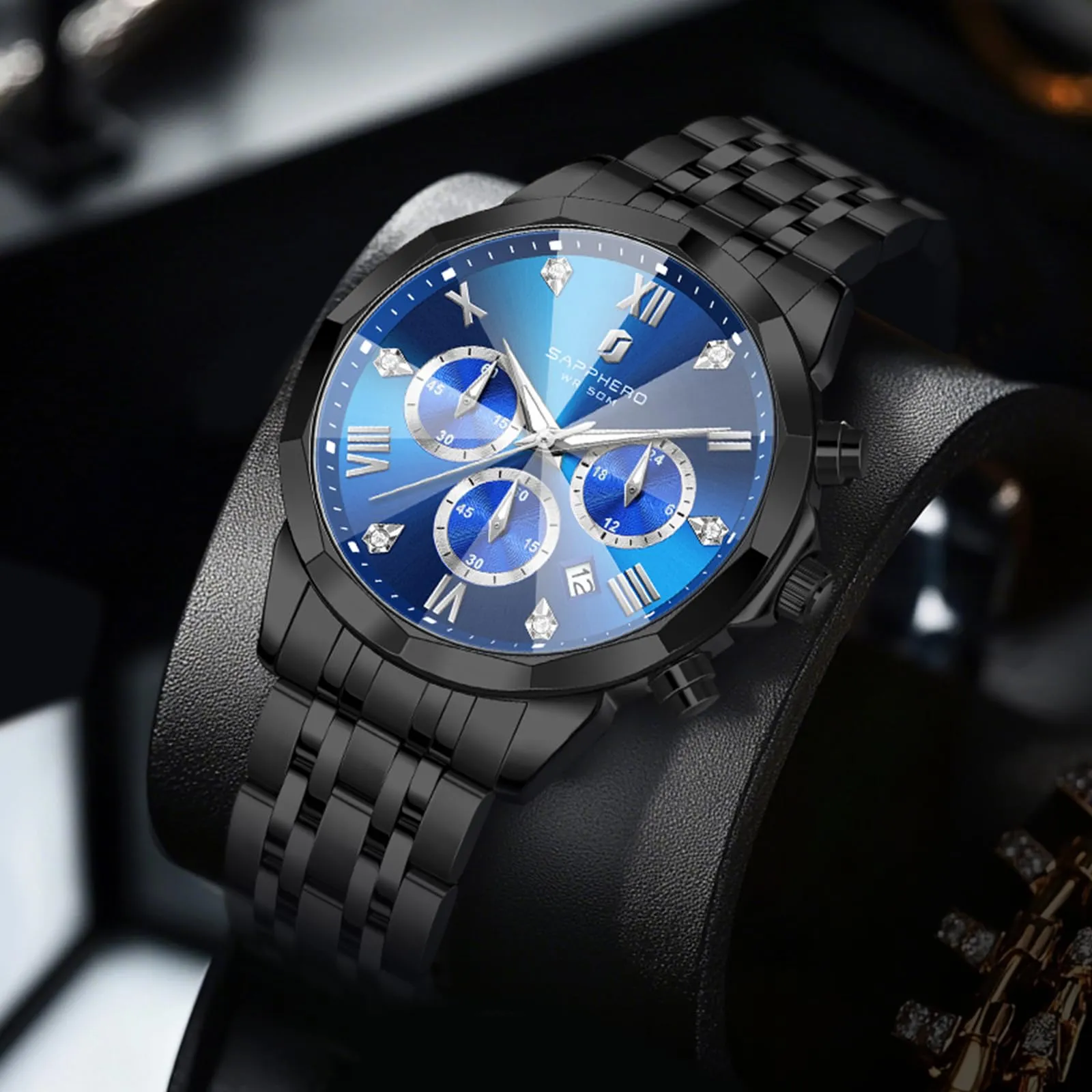 SAPPHERO Orologio Uomo Cronografo in Acciaio Inossidabile Analogico al Quarzo con Diamanti e Data - immagine 6