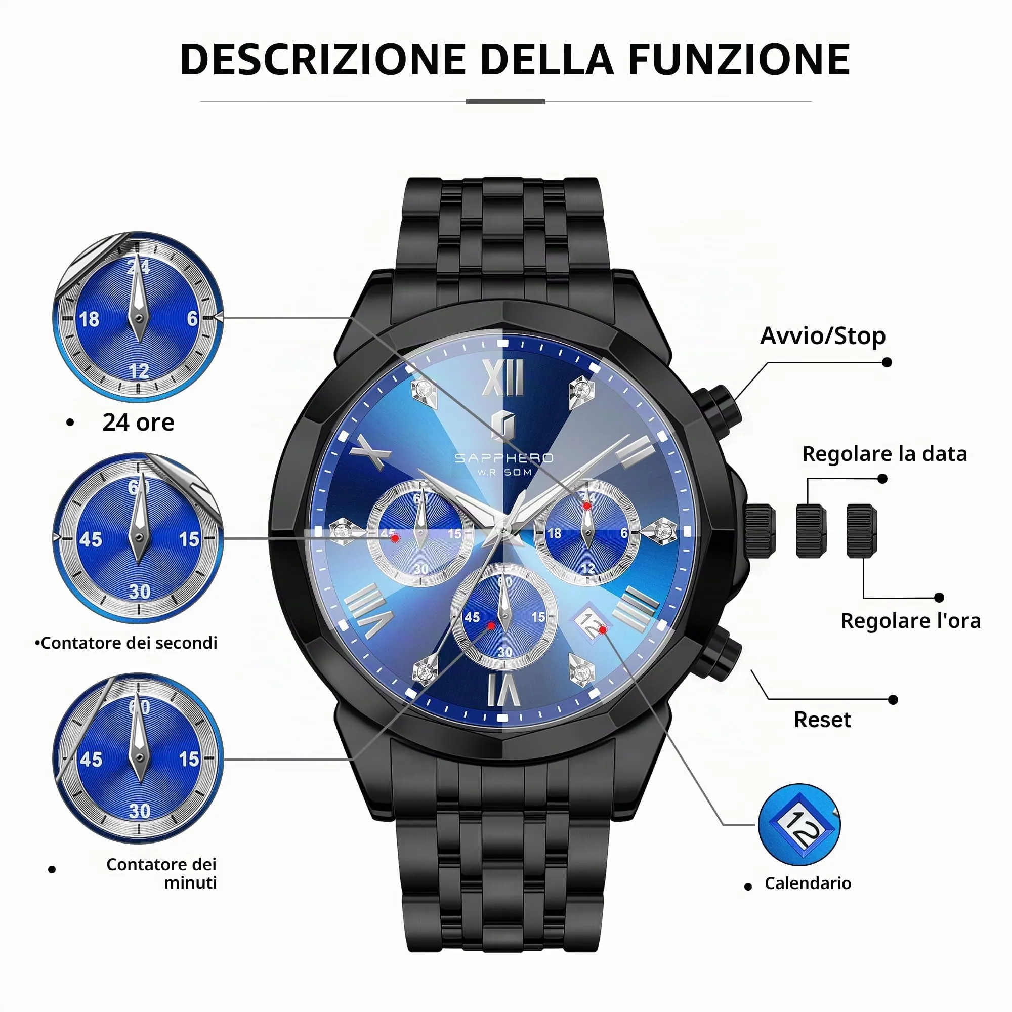 SAPPHERO Orologio Uomo Cronografo in Acciaio Inossidabile Analogico al Quarzo con Diamanti e Data - immagine 7