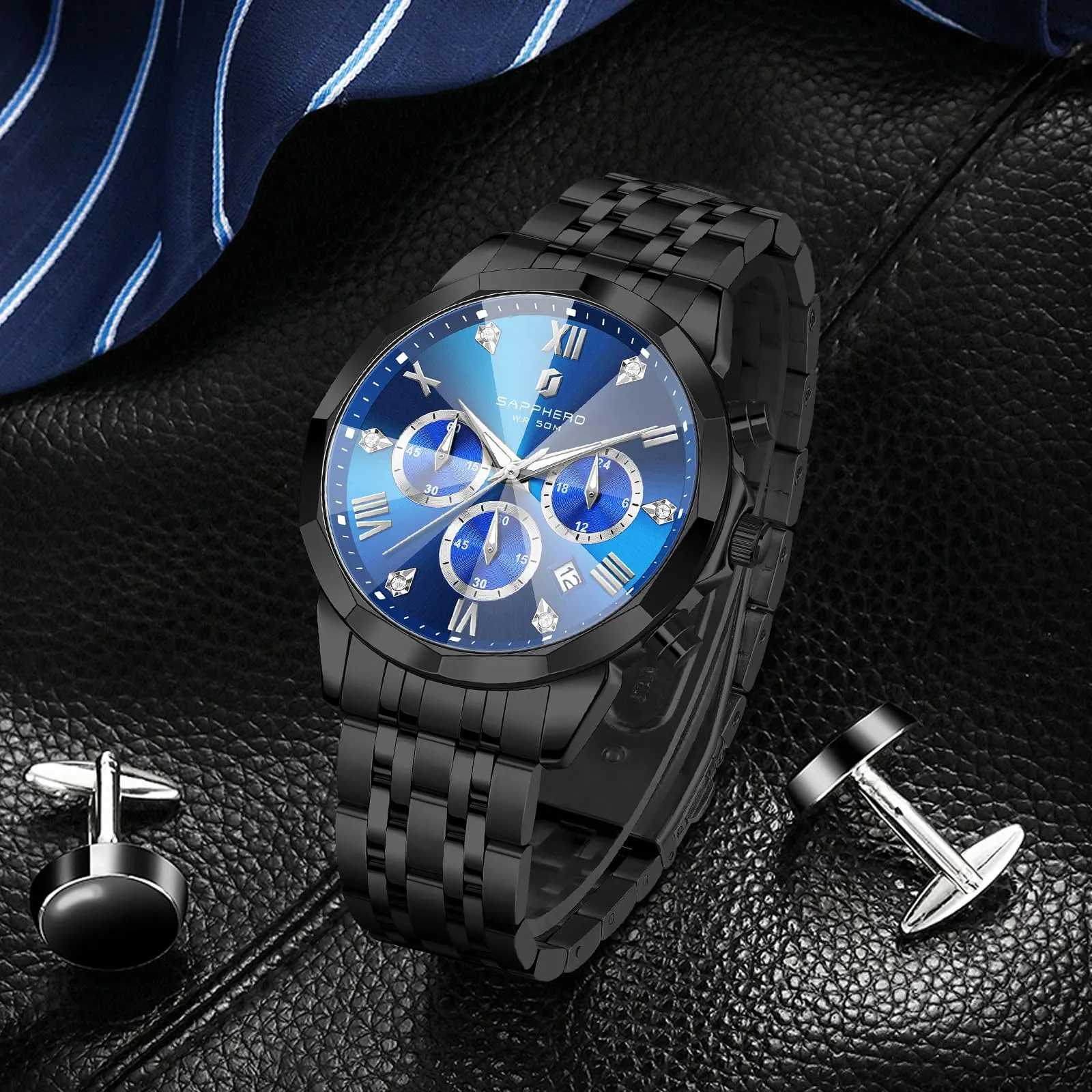 SAPPHERO Orologio Uomo Cronografo in Acciaio Inossidabile Analogico al Quarzo con Diamanti e Data - immagine 8