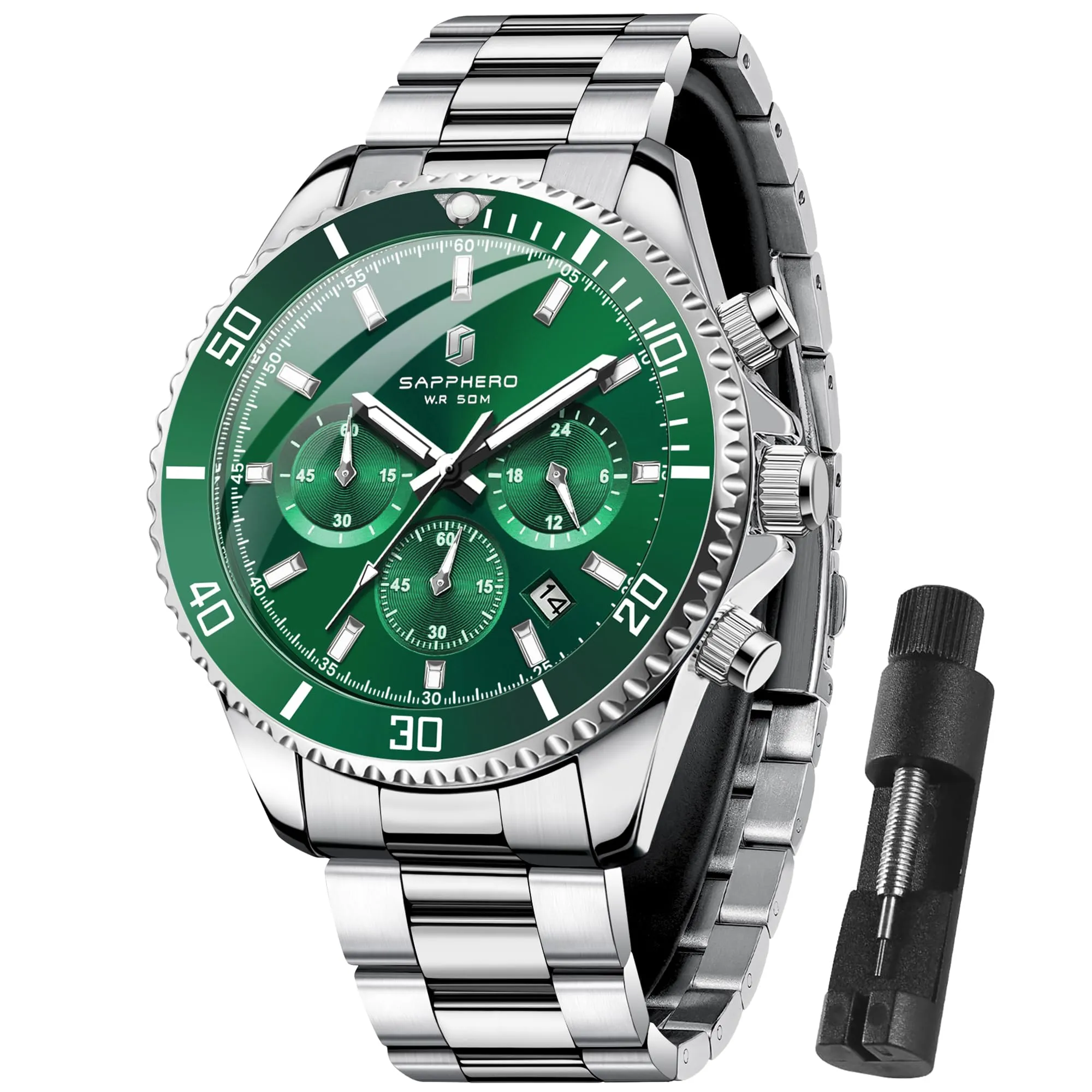 SAPPHERO Cronografo Analogico al Quarzo da Uomo, Resistente all'Acqua 50M, Cinturino in Acciaio, YXSO-2210-silvergreen - immagine 1