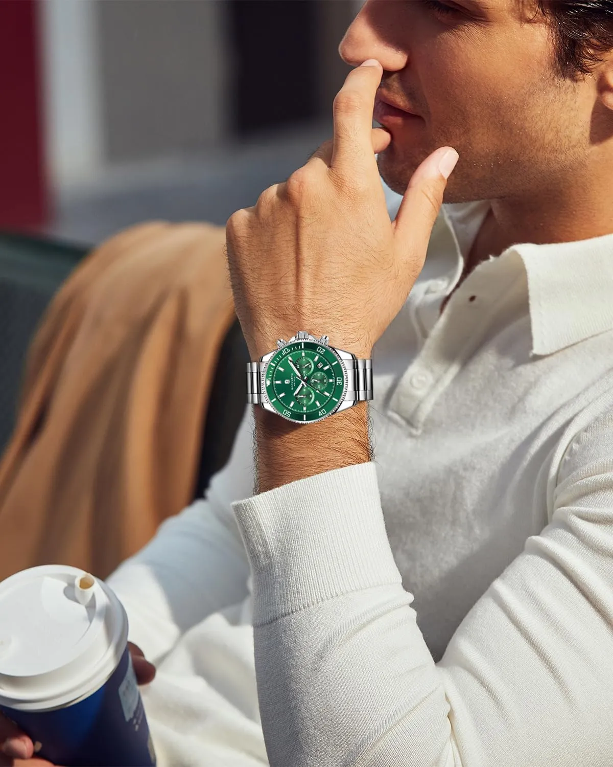 SAPPHERO Cronografo Analogico al Quarzo da Uomo, Resistente all'Acqua 50M, Cinturino in Acciaio, YXSO-2210-silvergreen - immagine 2