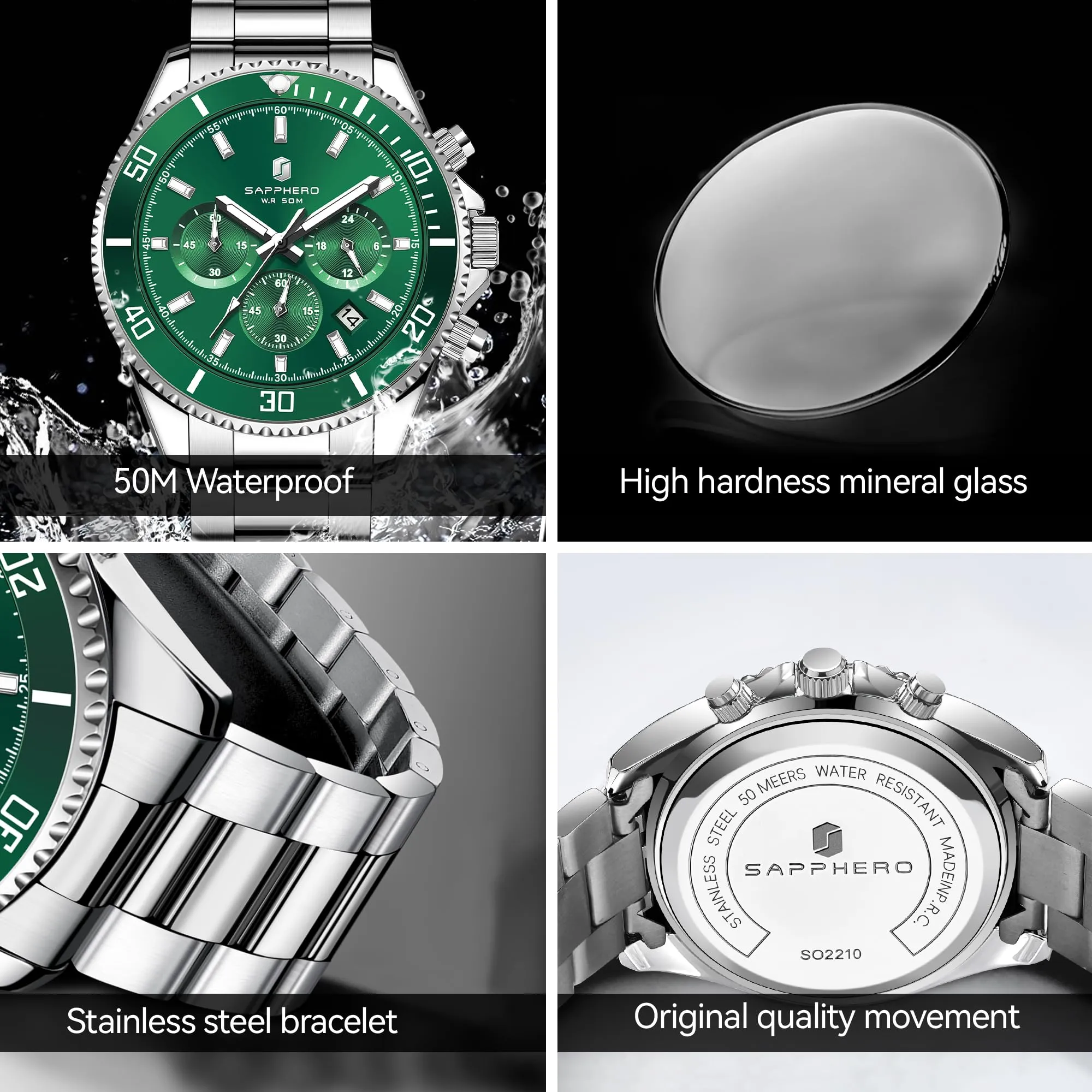 SAPPHERO Cronografo Analogico al Quarzo da Uomo, Resistente all'Acqua 50M, Cinturino in Acciaio, YXSO-2210-silvergreen - immagine 4