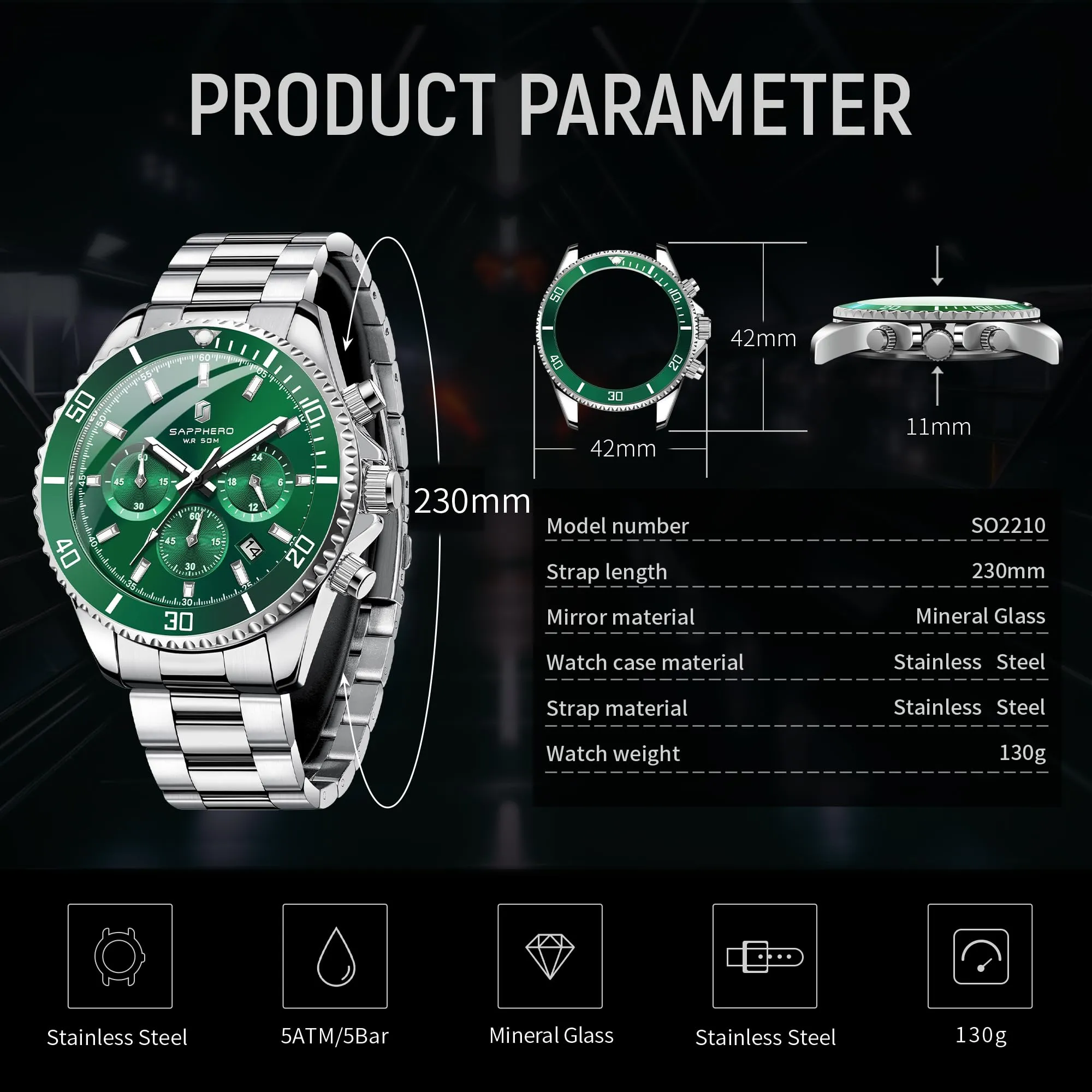 SAPPHERO Cronografo Analogico al Quarzo da Uomo, Resistente all'Acqua 50M, Cinturino in Acciaio, YXSO-2210-silvergreen - immagine 5