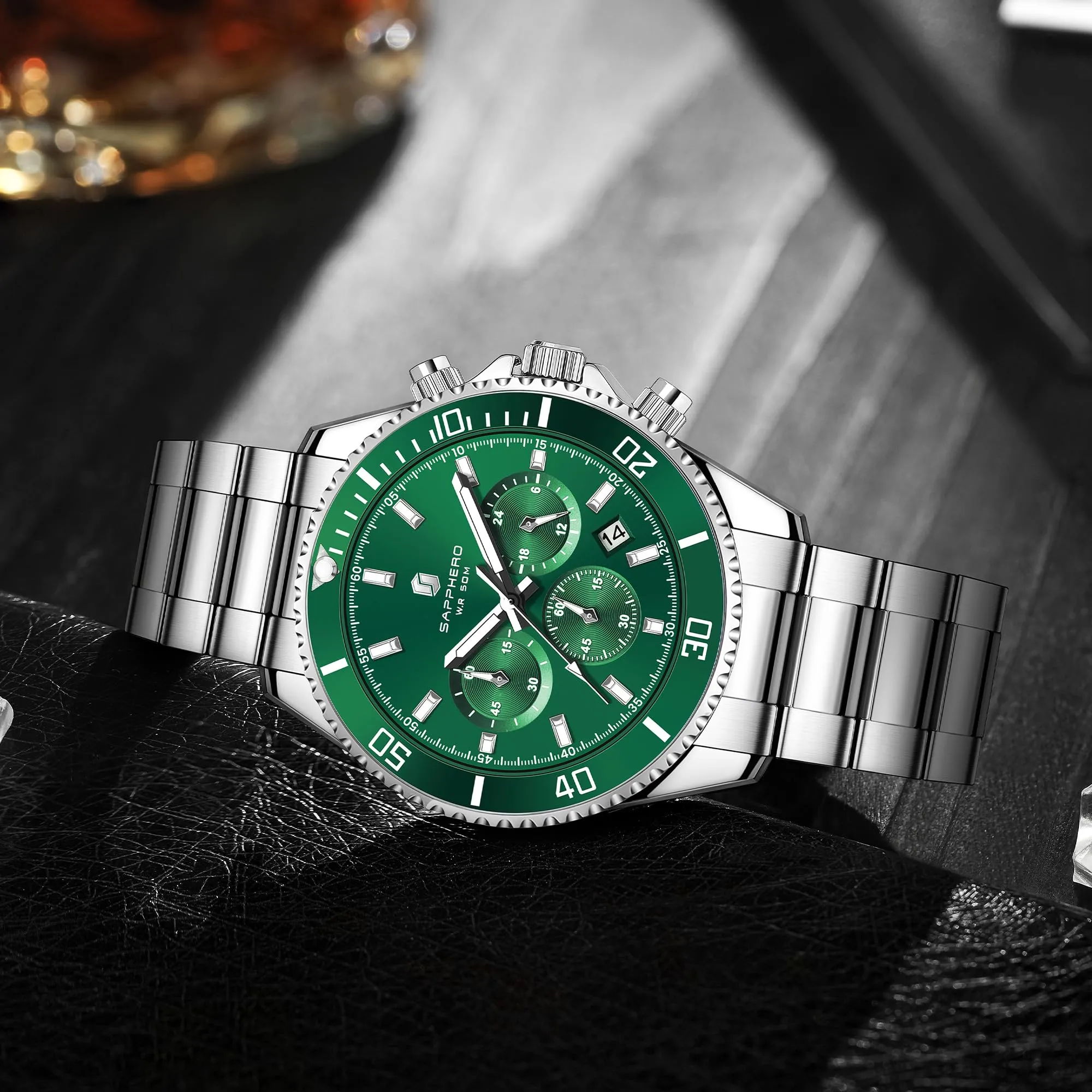 SAPPHERO Cronografo Analogico al Quarzo da Uomo, Resistente all'Acqua 50M, Cinturino in Acciaio, YXSO-2210-silvergreen - immagine 6