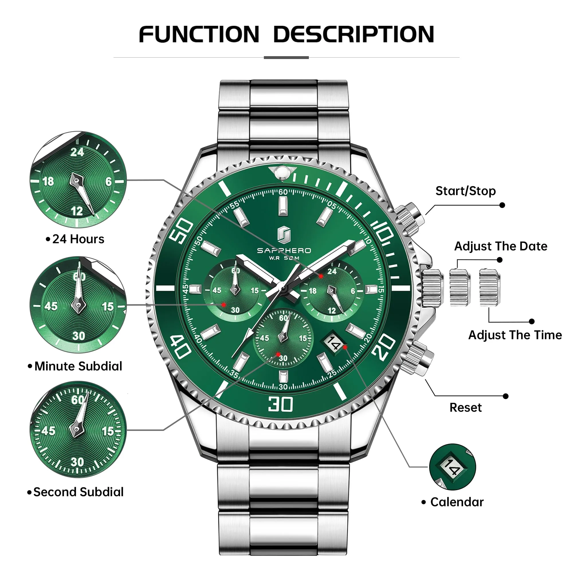 SAPPHERO Cronografo Analogico al Quarzo da Uomo, Resistente all'Acqua 50M, Cinturino in Acciaio, YXSO-2210-silvergreen - immagine 7