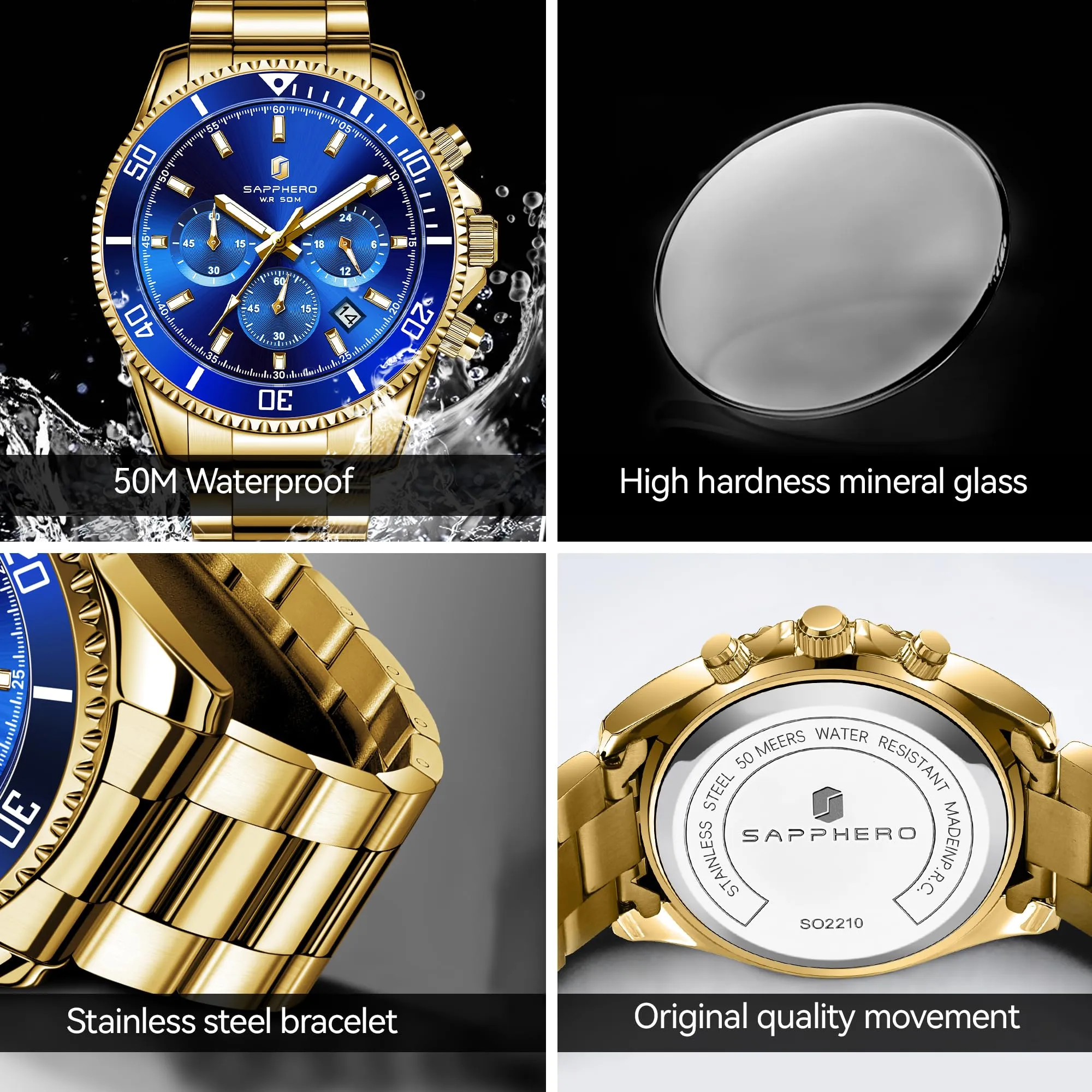 SAPPHERO Orologio Uomo Analogico al Quarzo Cronografo Impermeabile SO2210-10 Cinturino in Acciaio Inox - immagine 5